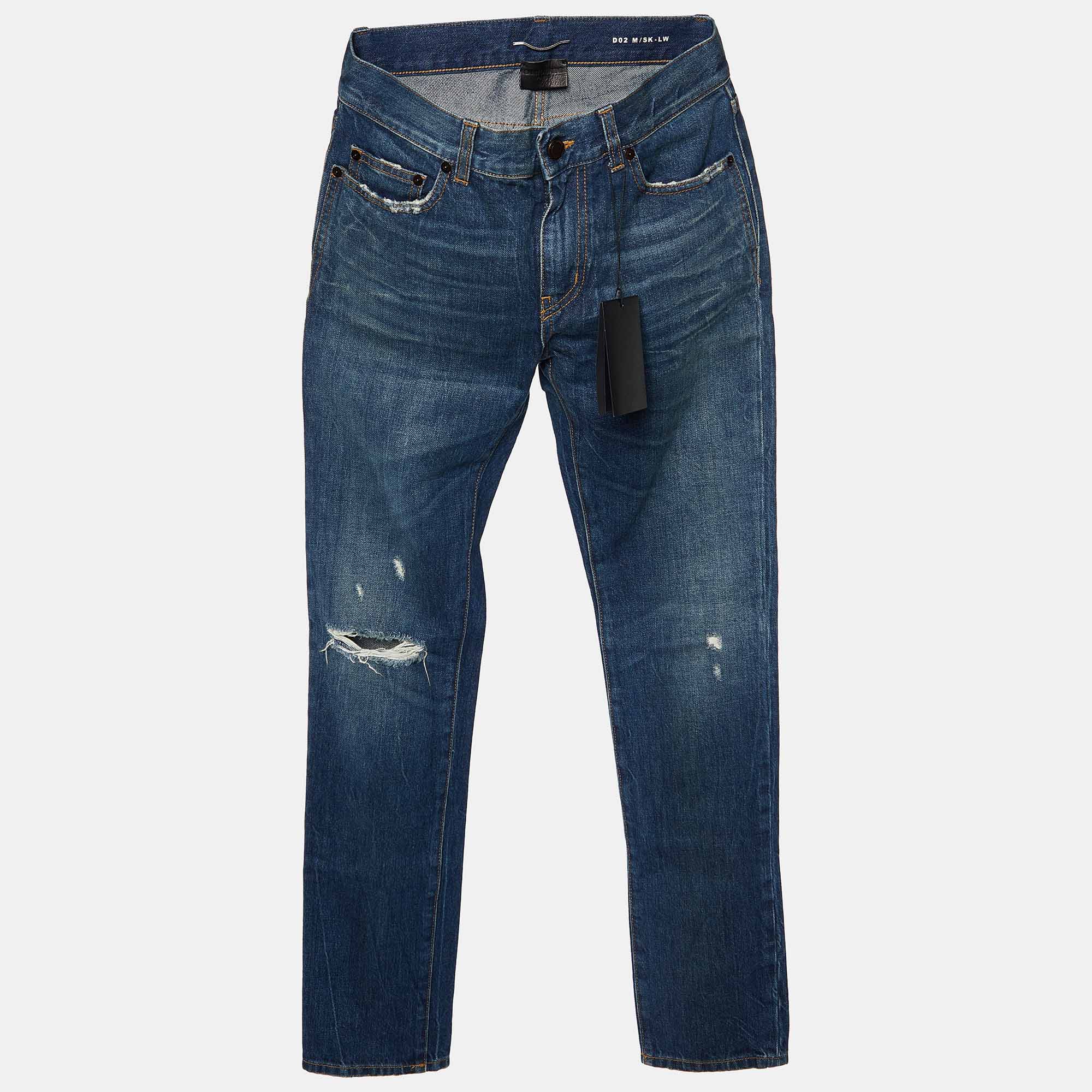 Pre-owned Saint Laurent Blue Distressed Denim Slim Fit Jeans S/waist 31"