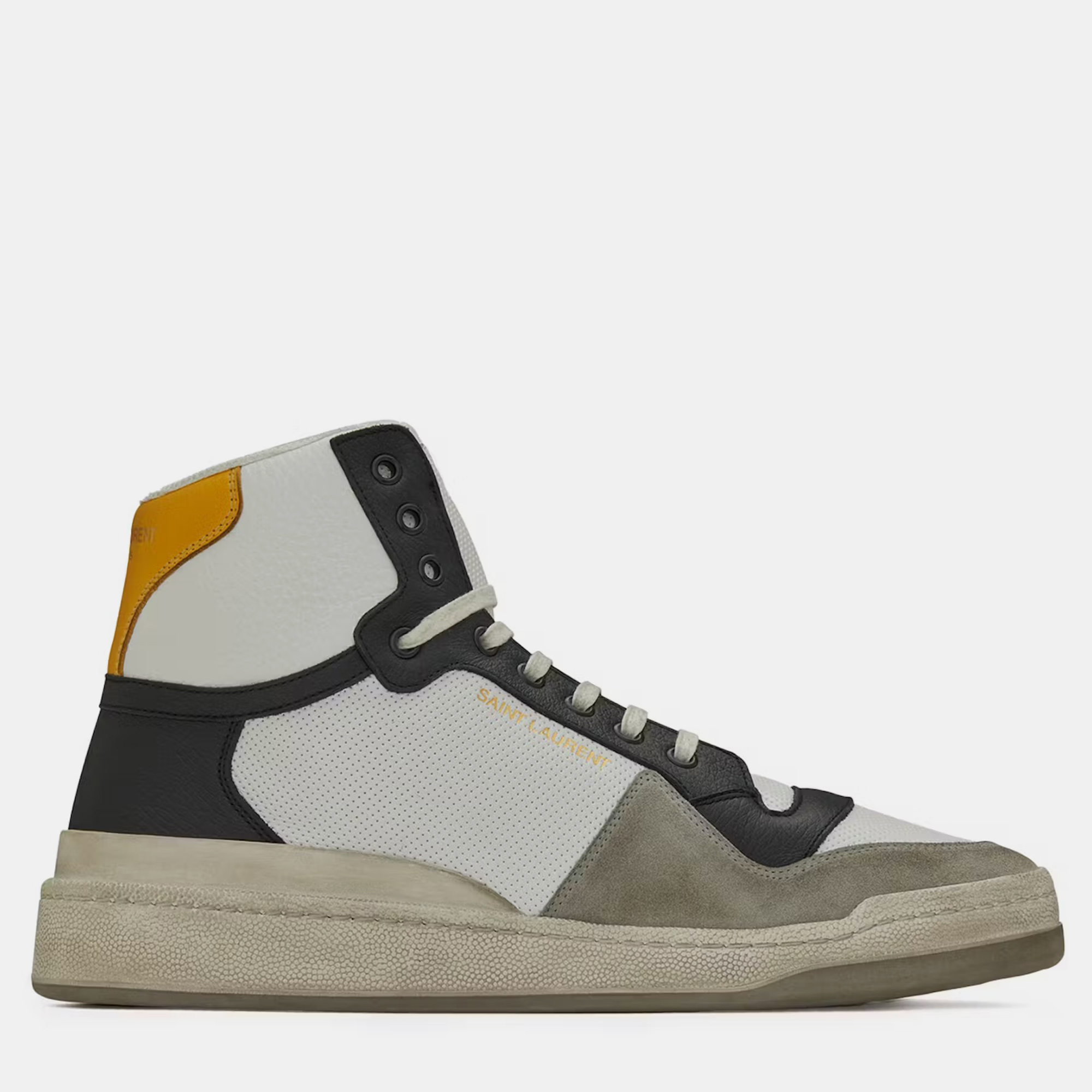 

Saint Laurent Distressed Optic White Black Yellow Mid Top Sneaker EU