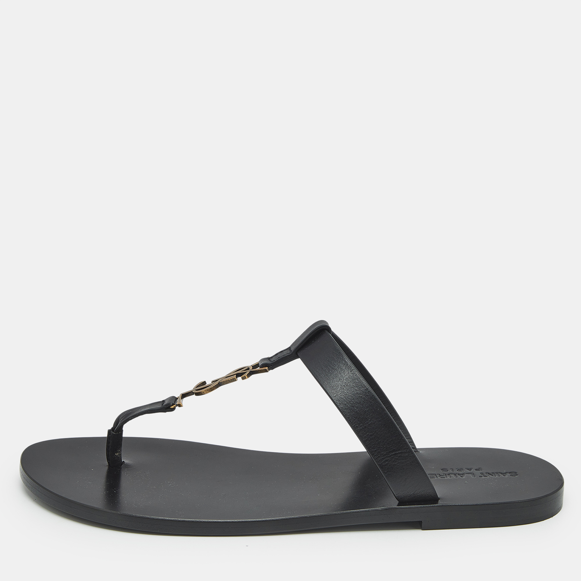 

Saint Laurent Black Leather Cassandre Thong Flats Size