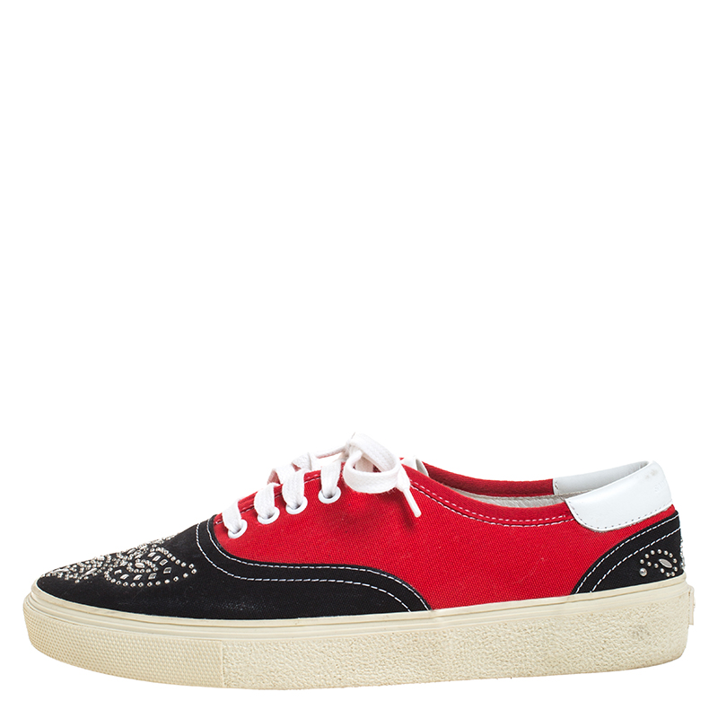 

Saint Laurent Paris Black/Red Studded Canvas Low Top Trainer Sneakers Size