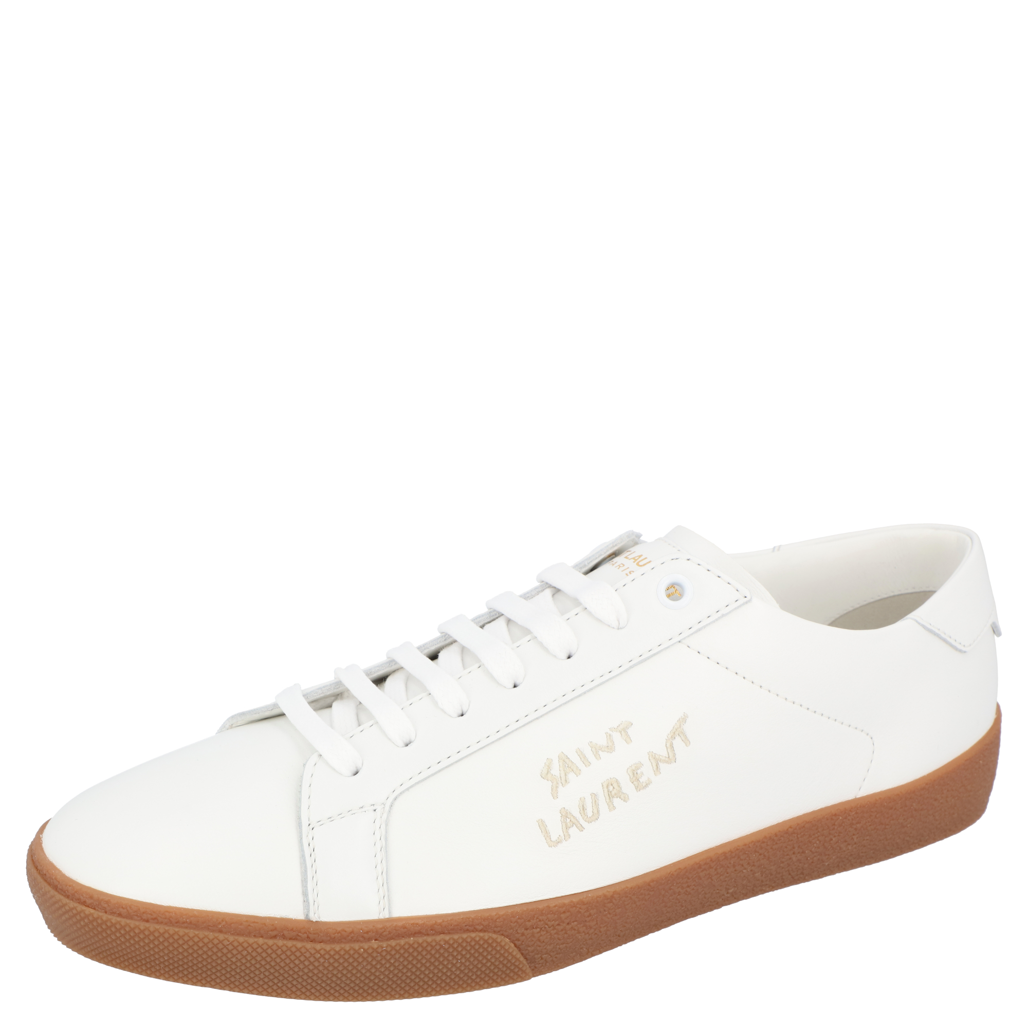 Pre-owned Saint Laurent White Leather Sl/06 Embroidered Court Classic Sneakers Size Eu 42