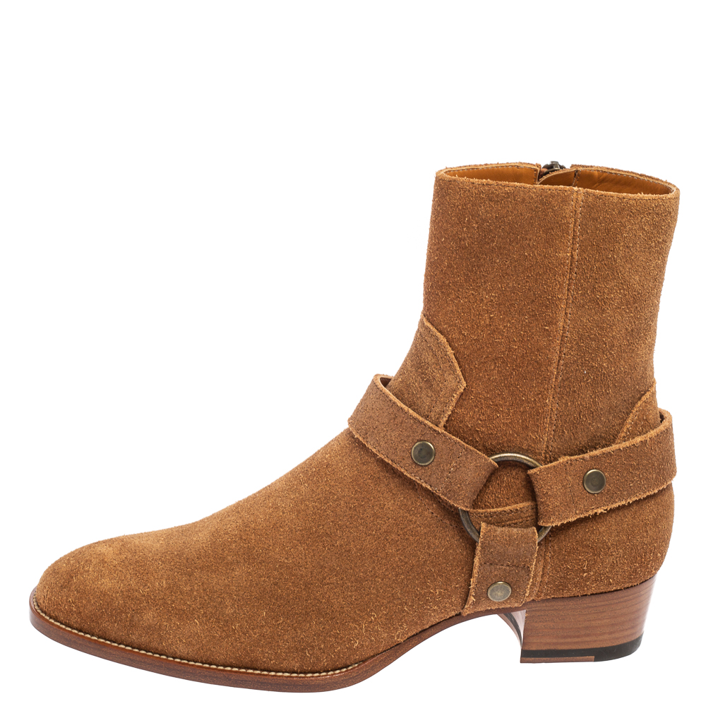 

Saint Laurent Tan Suede Wyatt Harness Ankle Boots Size