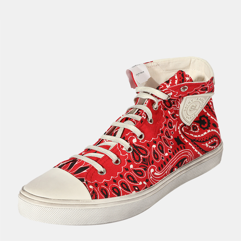 

Saint Laurent Red/White Bandana Print Fabric And Leather Bedford High Top Sneakers EU