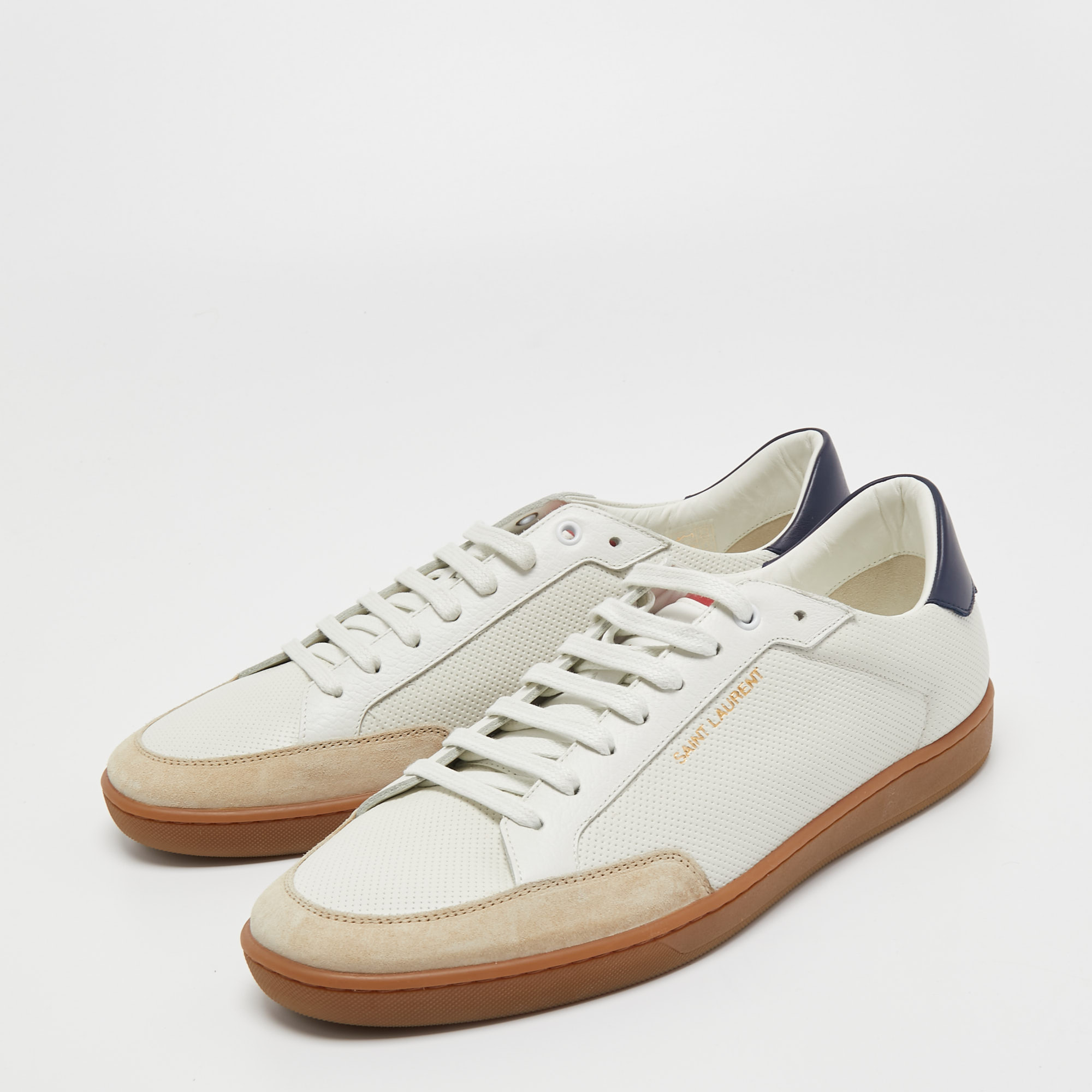 

Saint Laurent Tricolor Perforated Leather and Suede Court Classic Low Top Sneakers Size, White
