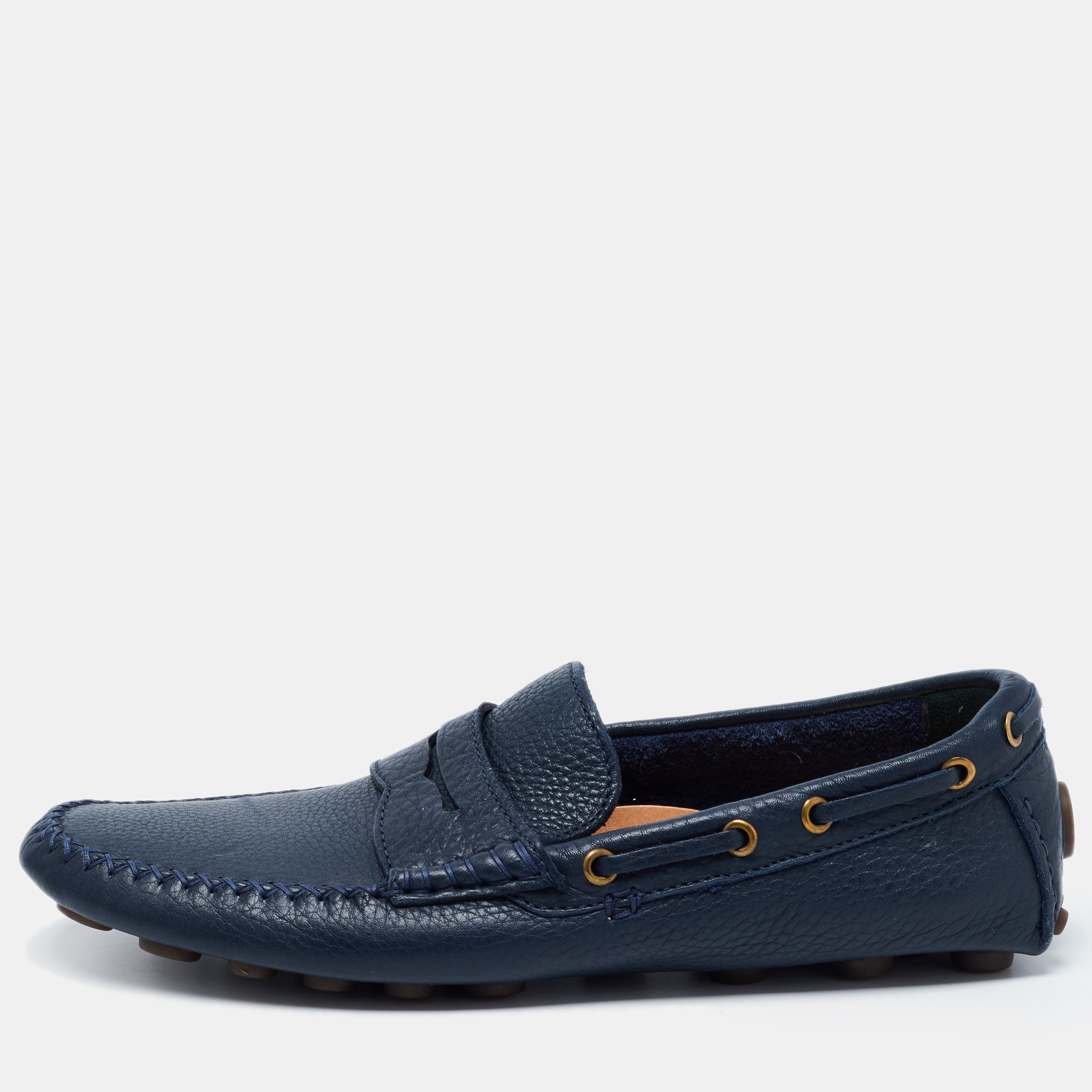 Pre-owned Saint Laurent Navy Blue Leather Penny Loafers Size 39