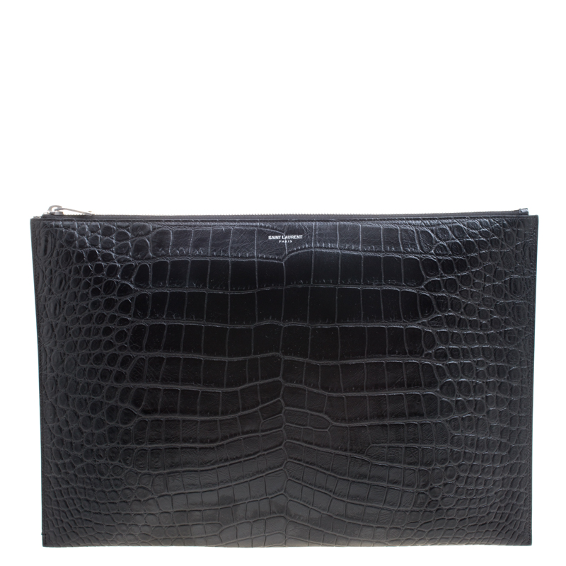 Pre Owned Saint Laurent Paris Black Croc Embossed Leather Porte Document