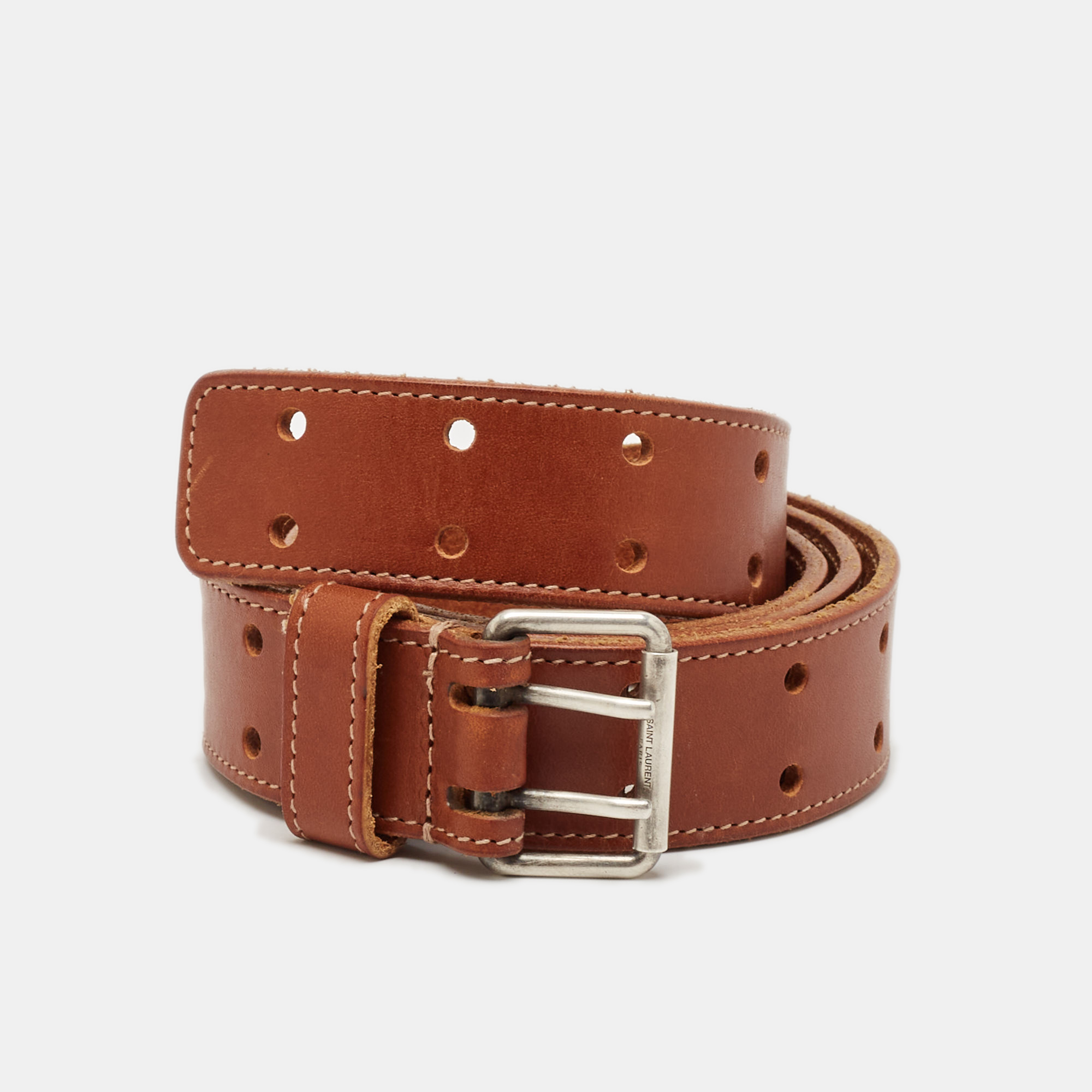 

Saint Laurent Brown Leather Perforated Buckle Belt