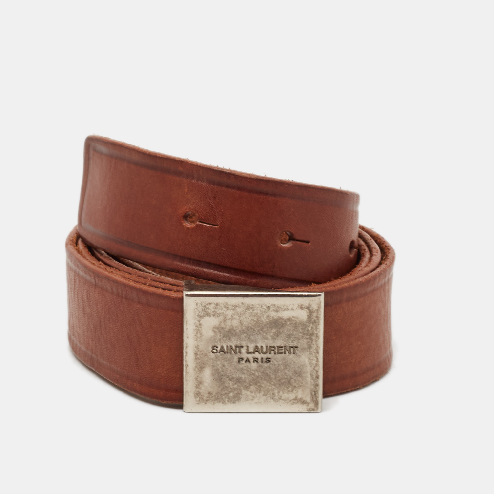 

Saint Laurent Brown Leather Logo Plague Belt