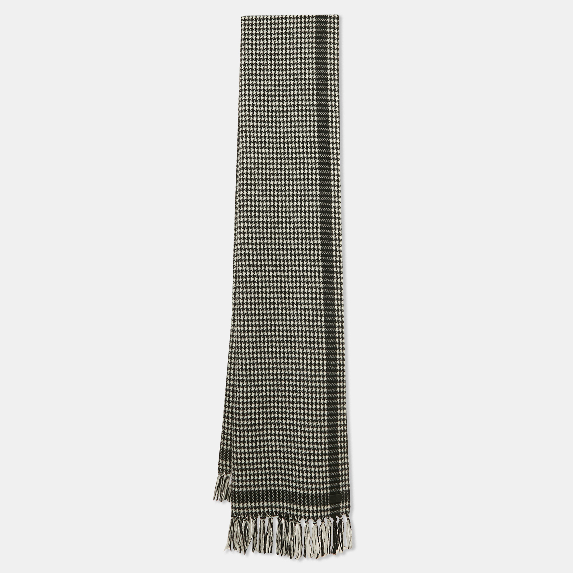 

Saint Laurent Monochrome Houndstooth Wool Fringed Scarf, Black