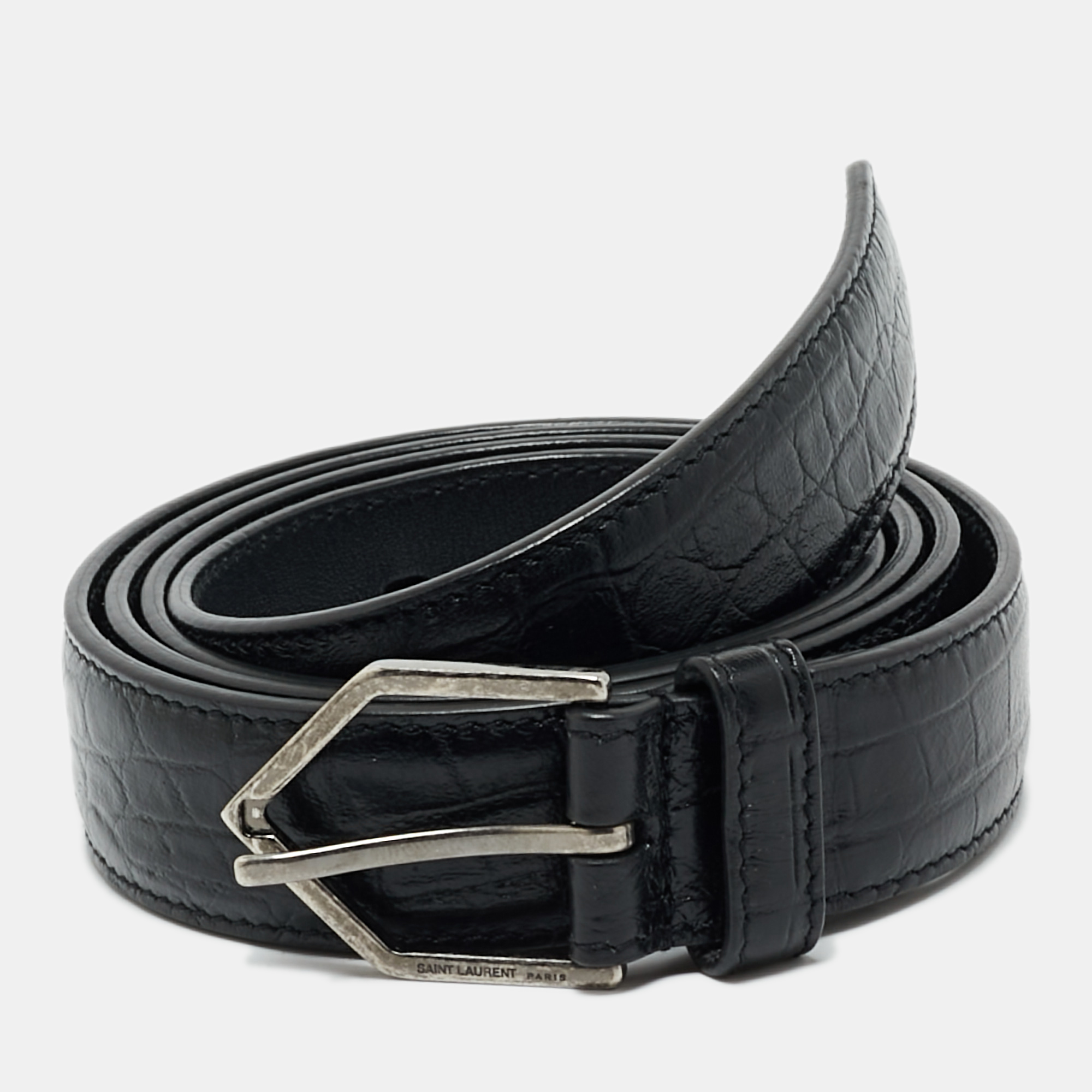

Saint Laurent Black Croc Embossed Leather Buckle Belt