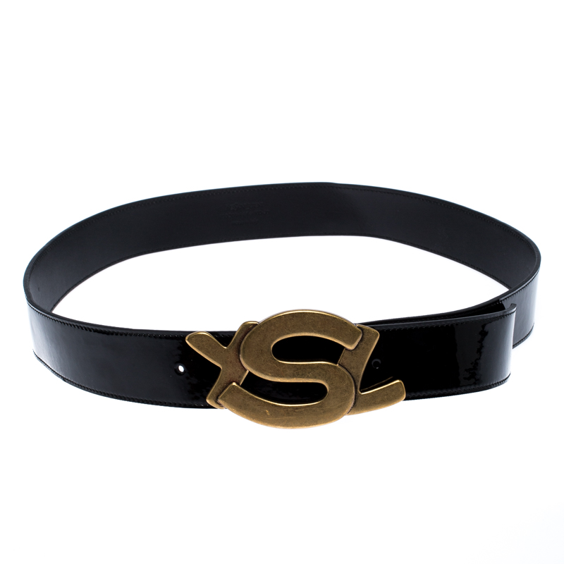 Pre Owned Saint Laurent Paris Black Patent Leather YSL Logo Buckle Belt 100CM