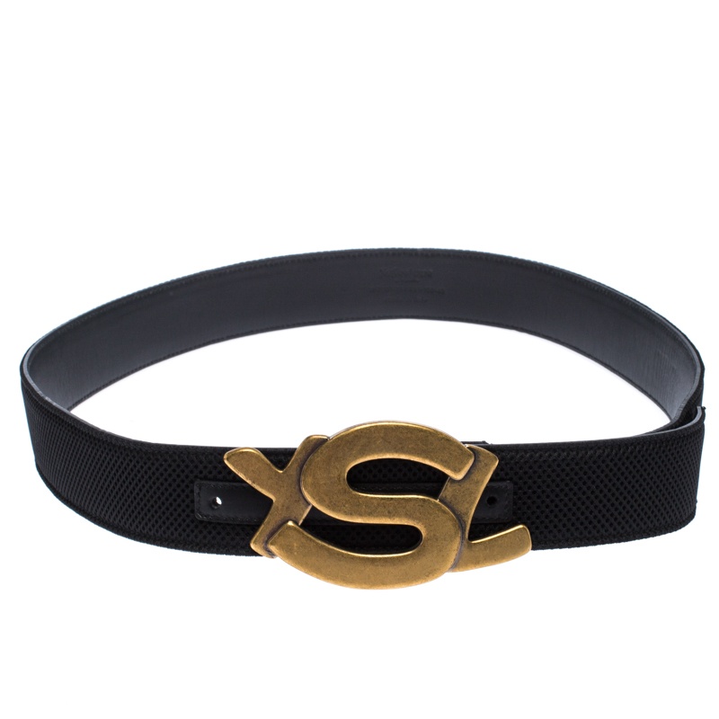 Saint Laurent Paris Black Mesh and Leather YSL Logo Buckle Belt 100CM