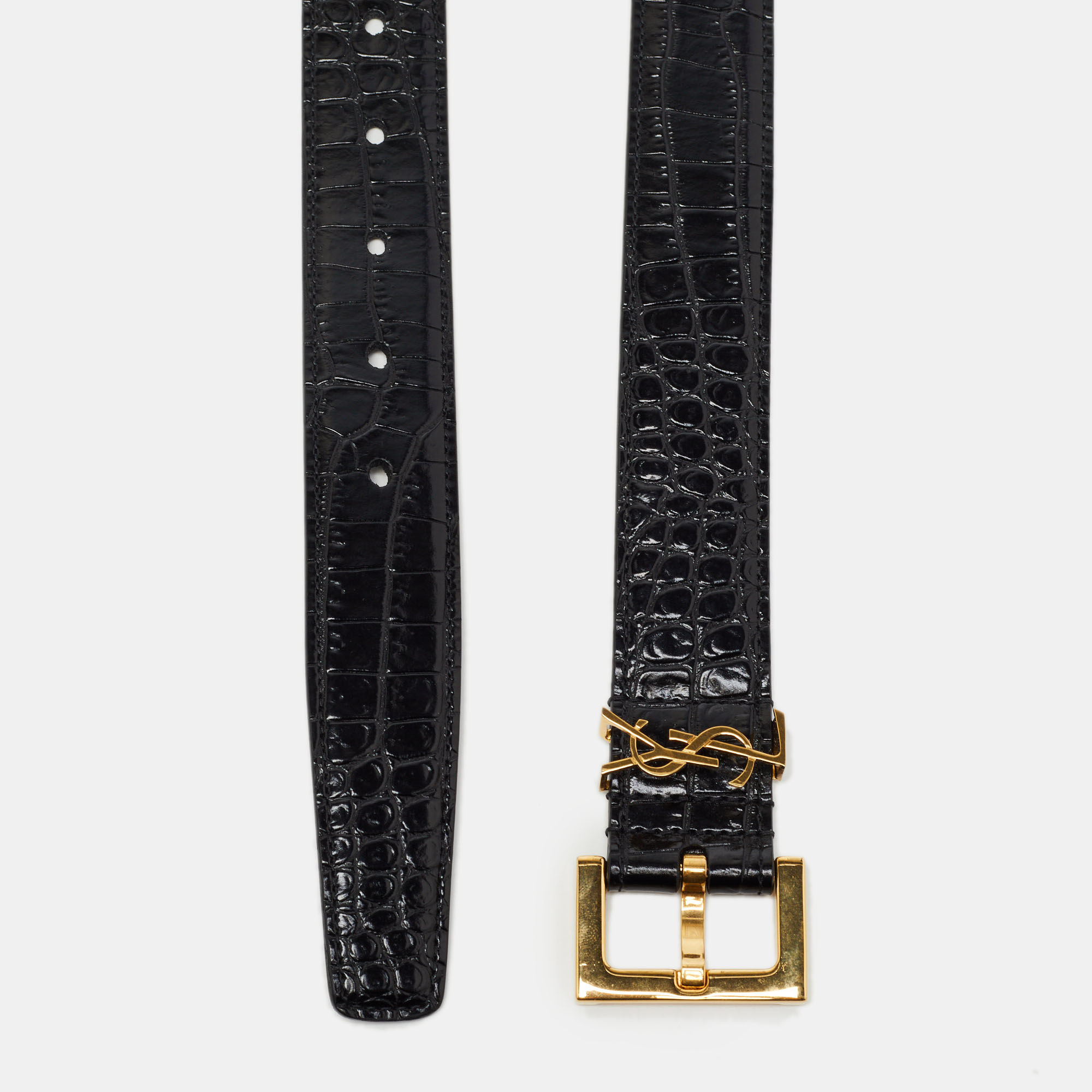

Saint Laurent Black Croc Embossed Glossy Leather Monogram Buckle Belt