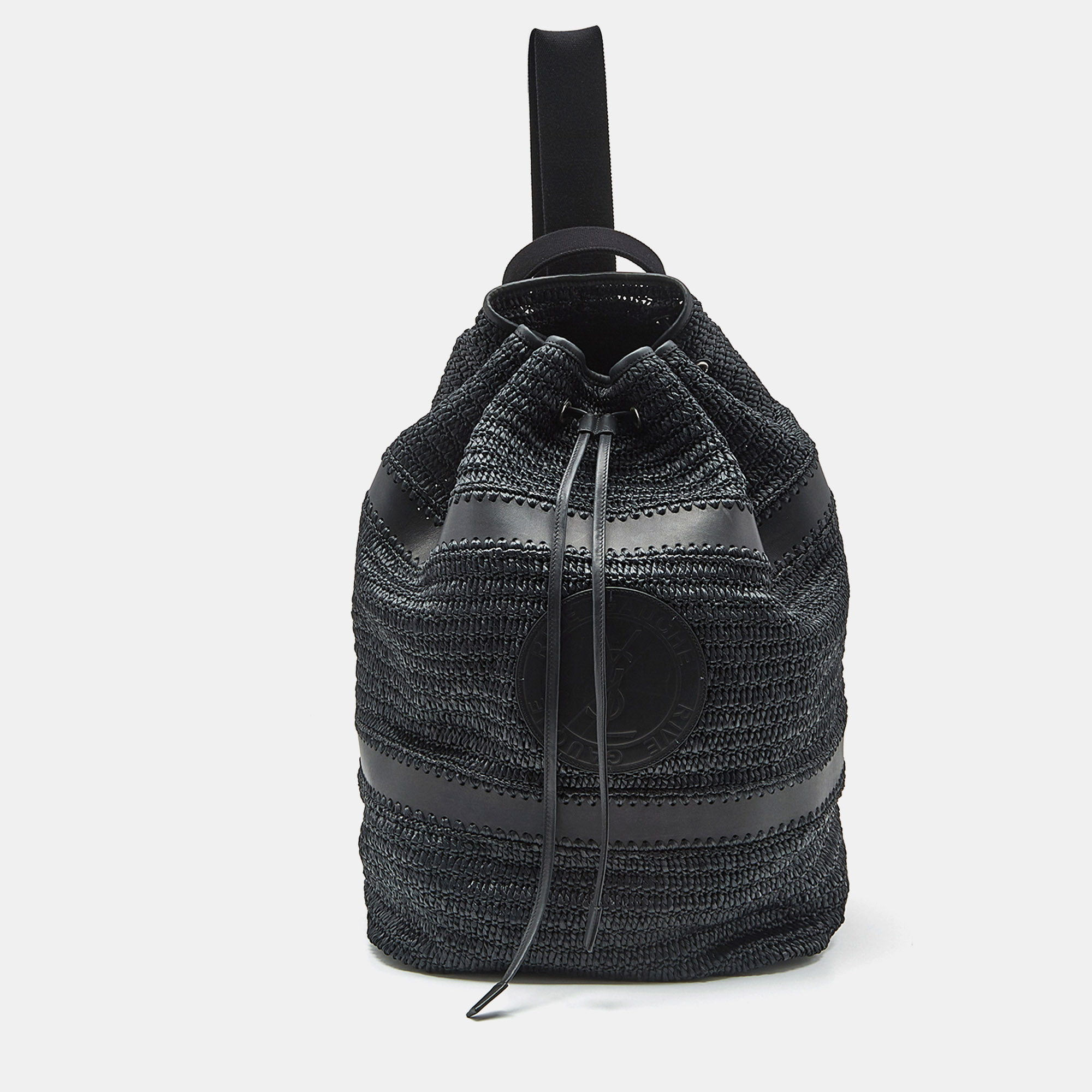 

Saint Laurent Black Raffia and Leather Rive Gauche Sling Bag