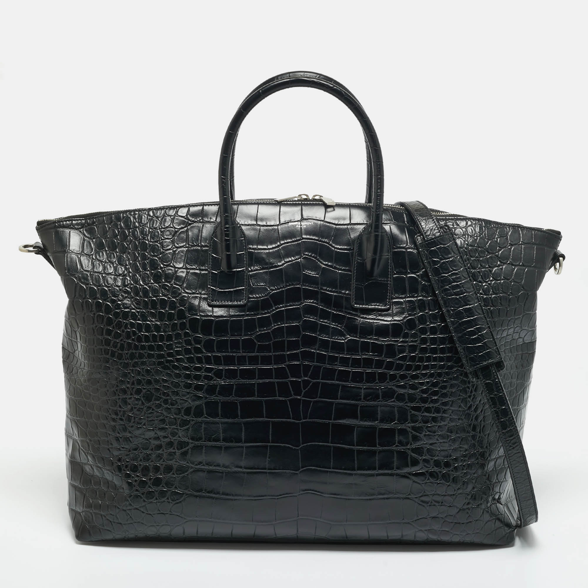 

Saint Laurent Black Croc Embossed Leather Giant Bowling Bag