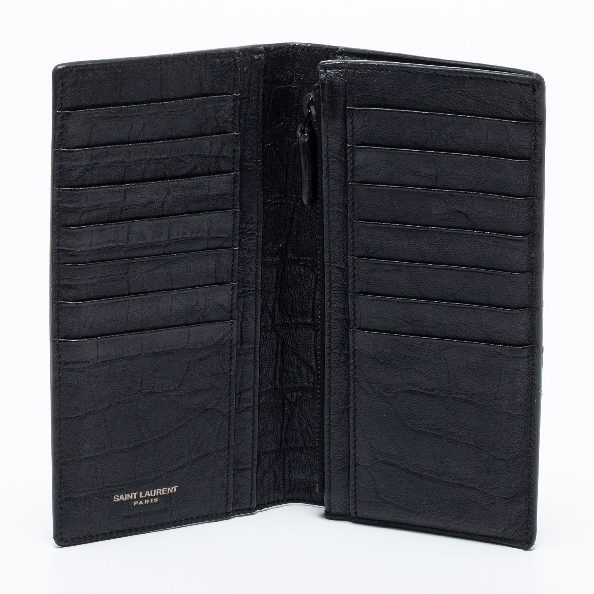 

Saint Laurent Black Croc Embossed Leather Cassandre Long Wallet