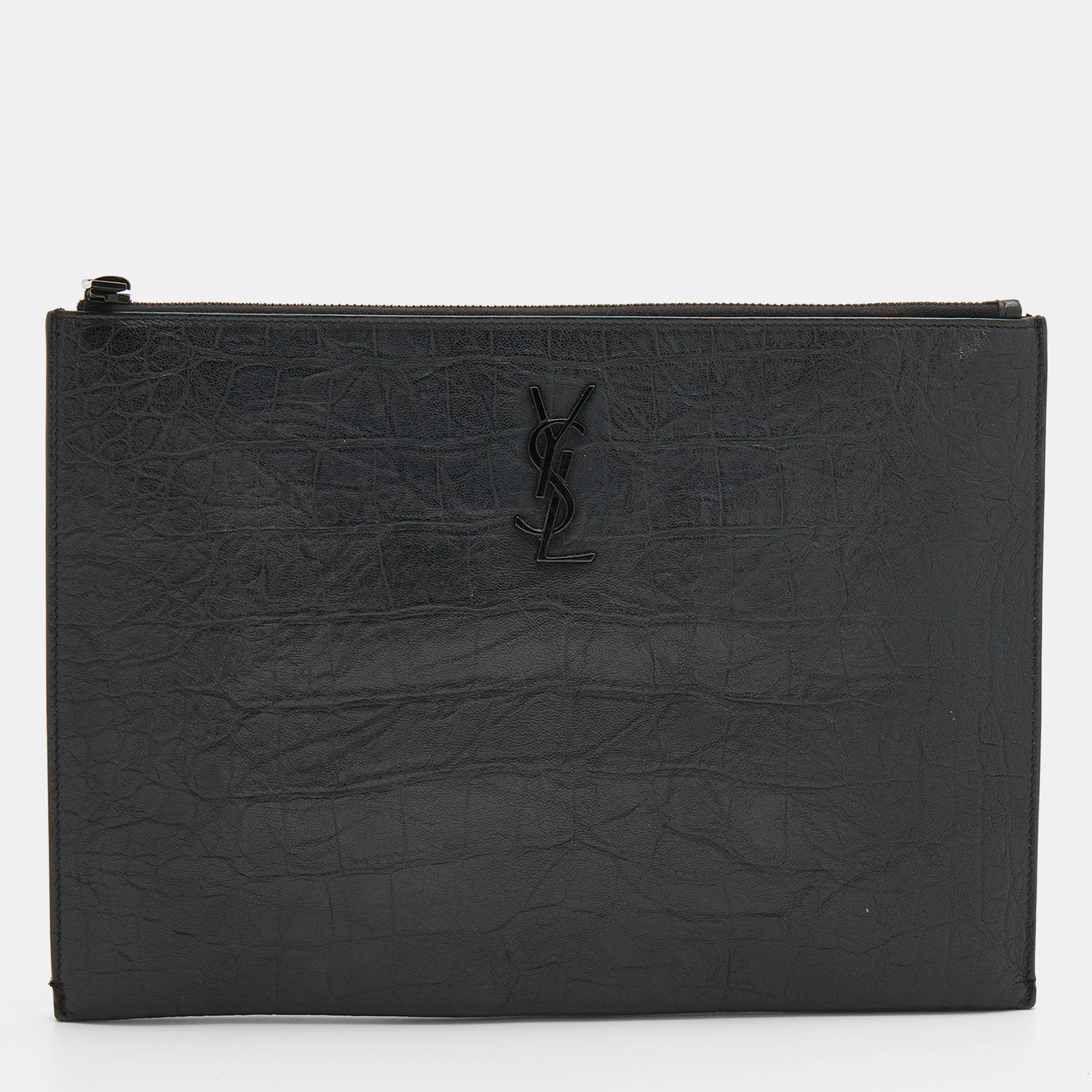 Pre-owned Saint Laurent Black Croc Embossed Leather Monogram Pouch