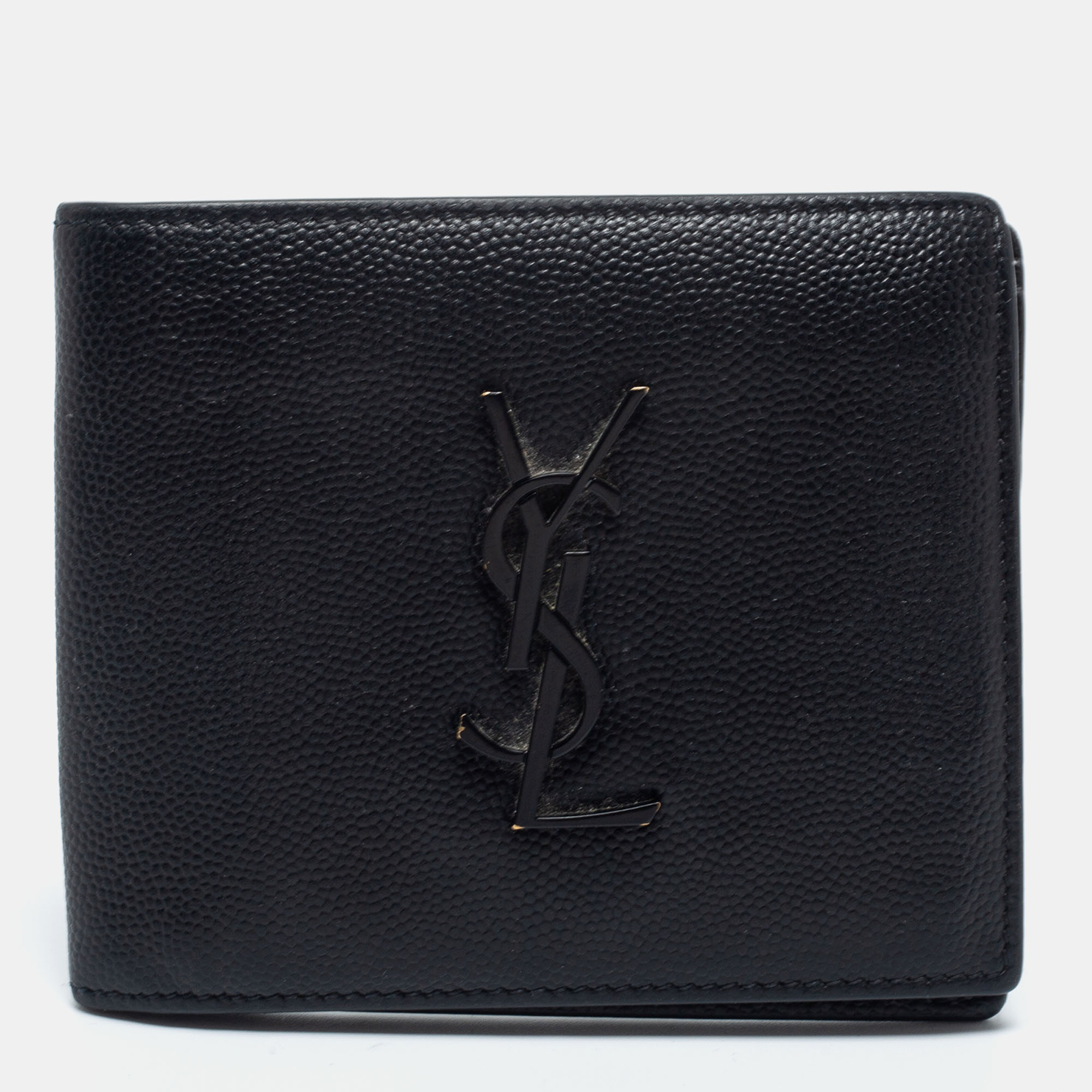 Pre-owned Saint Laurent Black Grained Leather Monogram Bifold Wallet