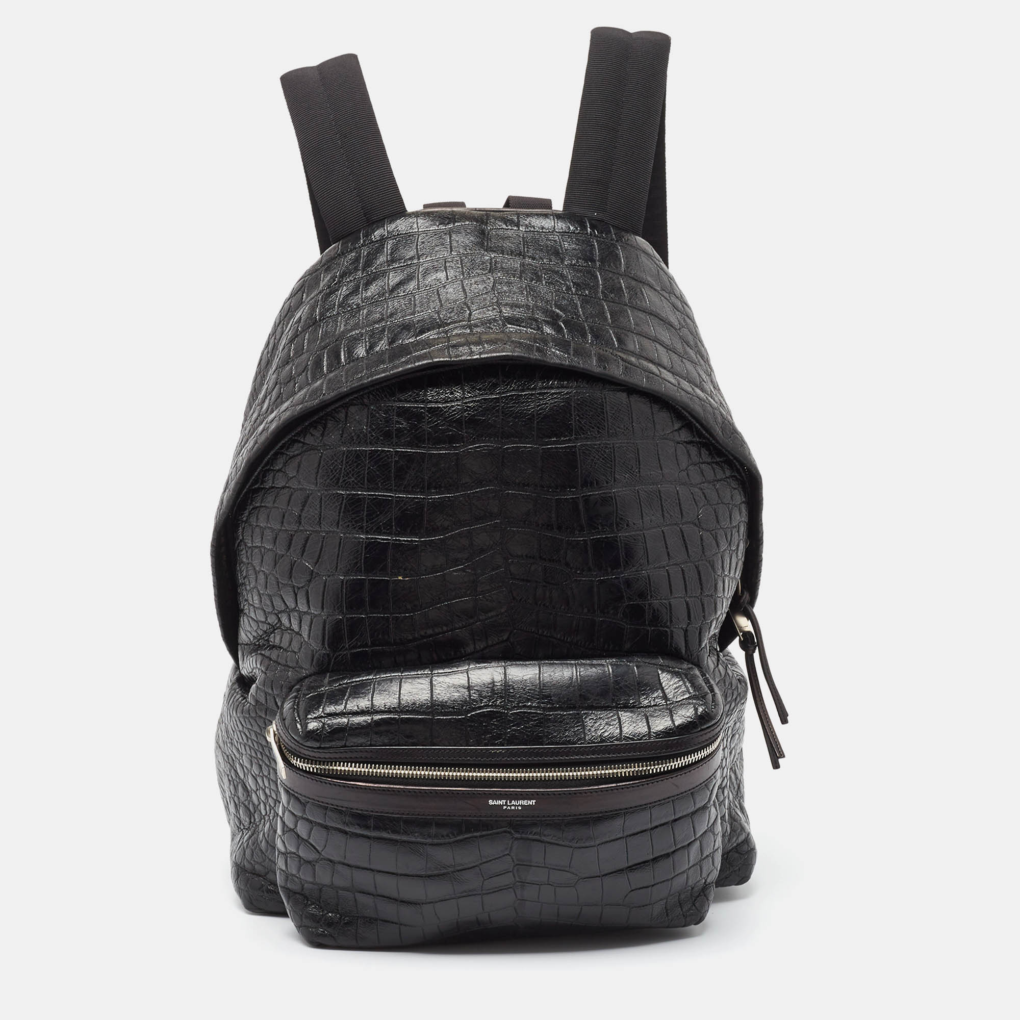 Saint Laurent Black Croc Embossed Leather City Backpack