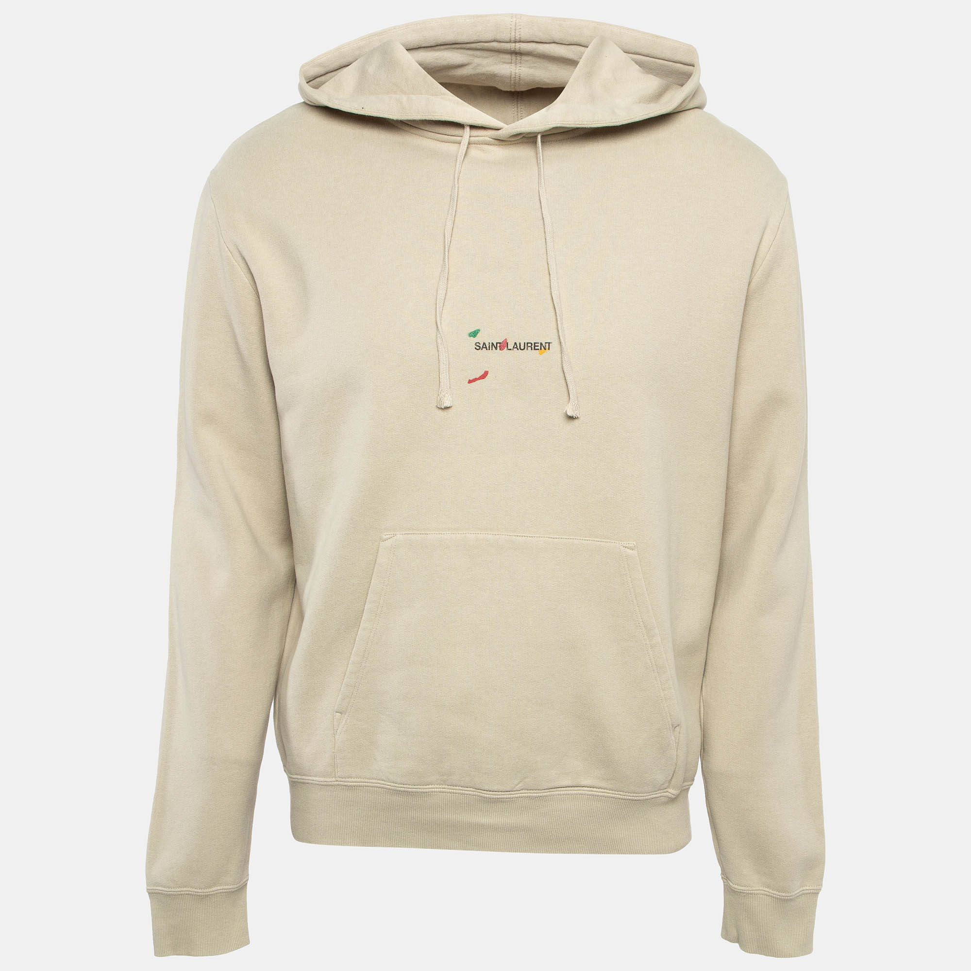 This beige hoodie from Saint Laurent is for men. Made of cotton it has long sleeves a drawstring hood and the brand name on the front. Embrace all day comfort with this creation.