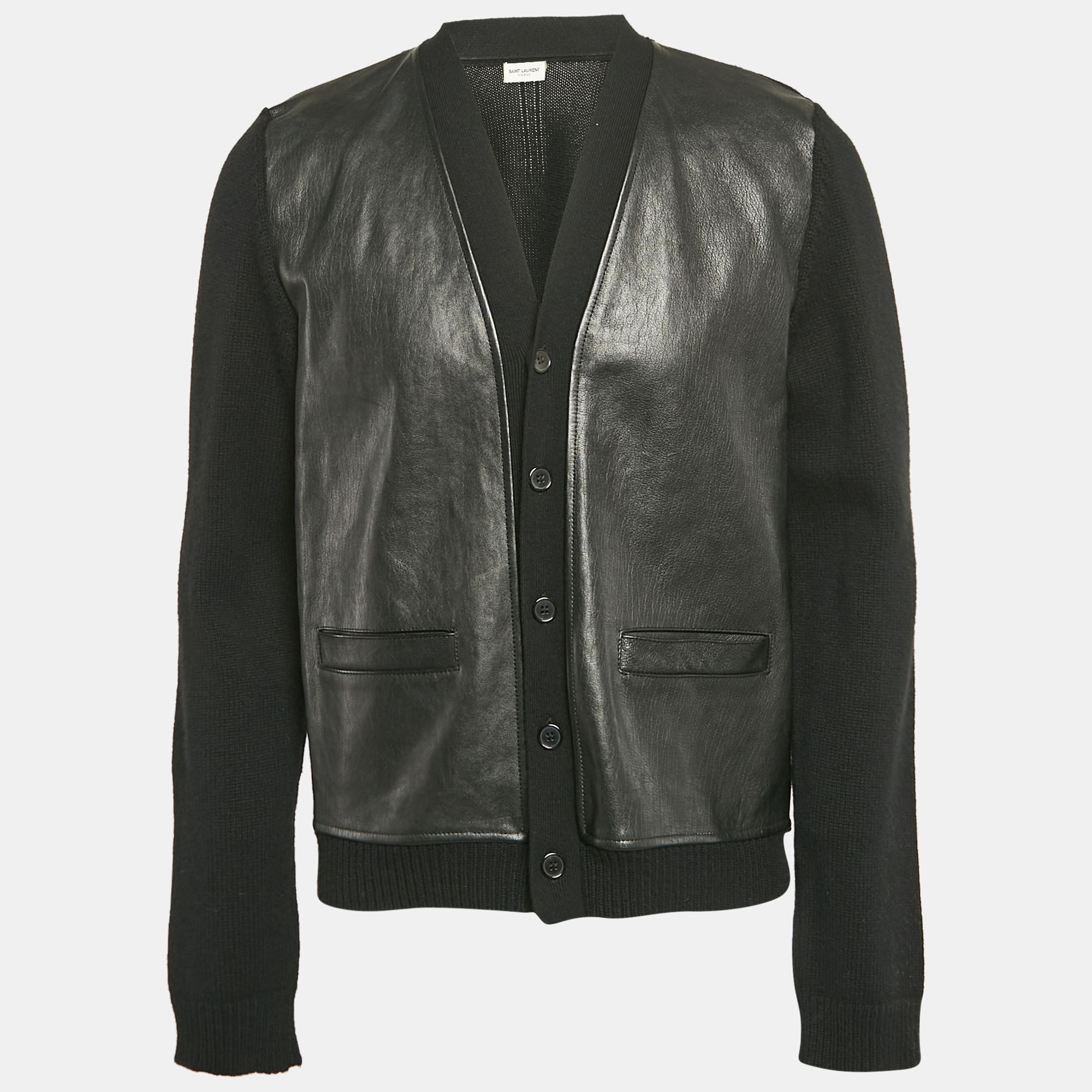 

Saint Laurent Paris Black Wool Knit and Leather Jacket XL