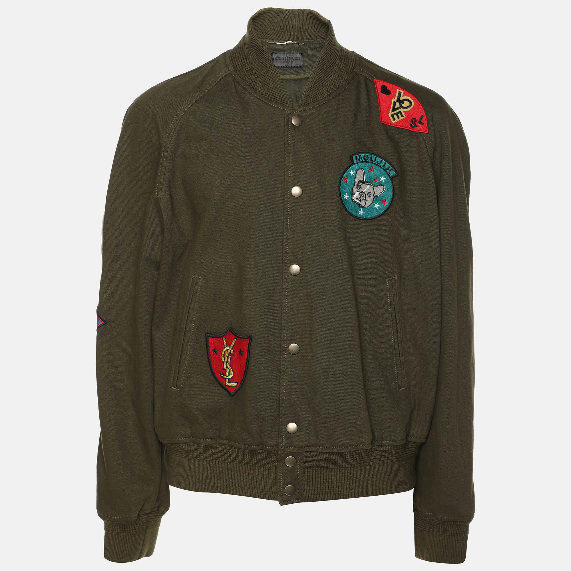 

Saint Laurent Olive Green Cotton Souvenir Patch Teddy Jacket XXL