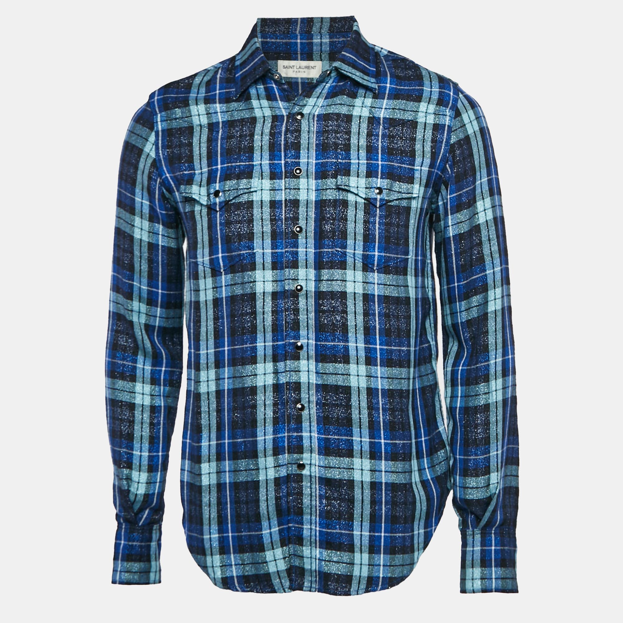 

Saint Laurent Blue/Metallic Lurex Plaid Flannel Shirt L