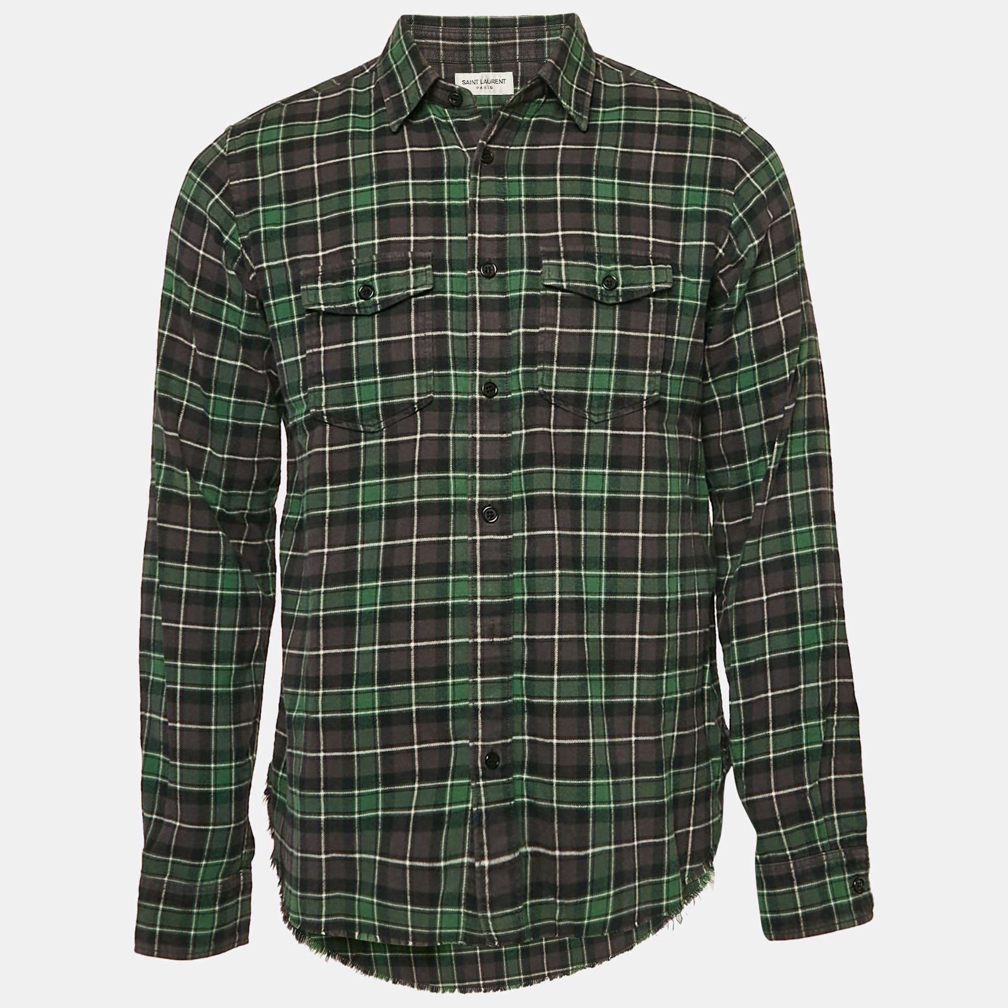 

Saint Laurent Paris Green Checked Cotton Raw Edge Shirt XS