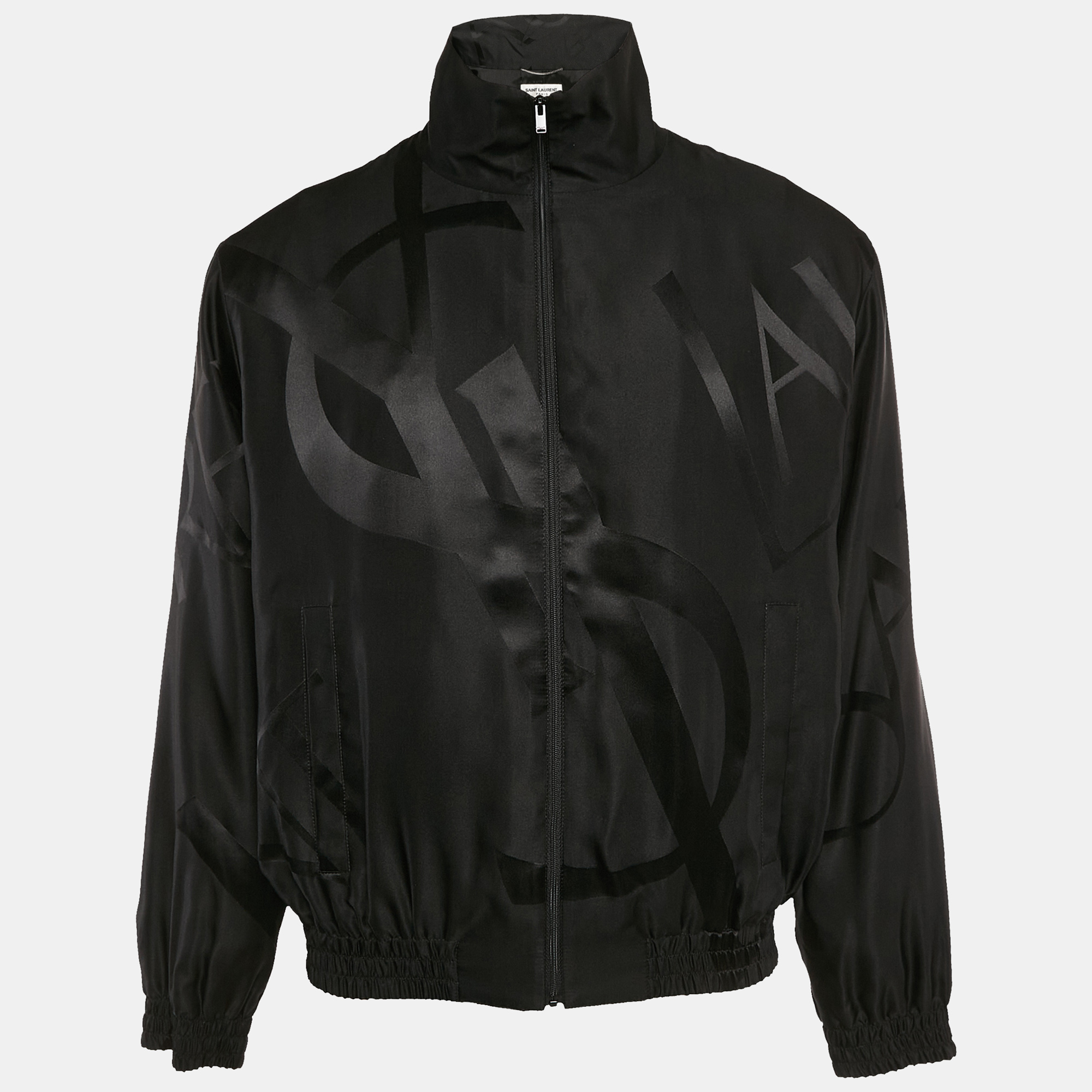 

Saint Laurent Black Logo Jacquard Silk Zip-Up Jacket XL