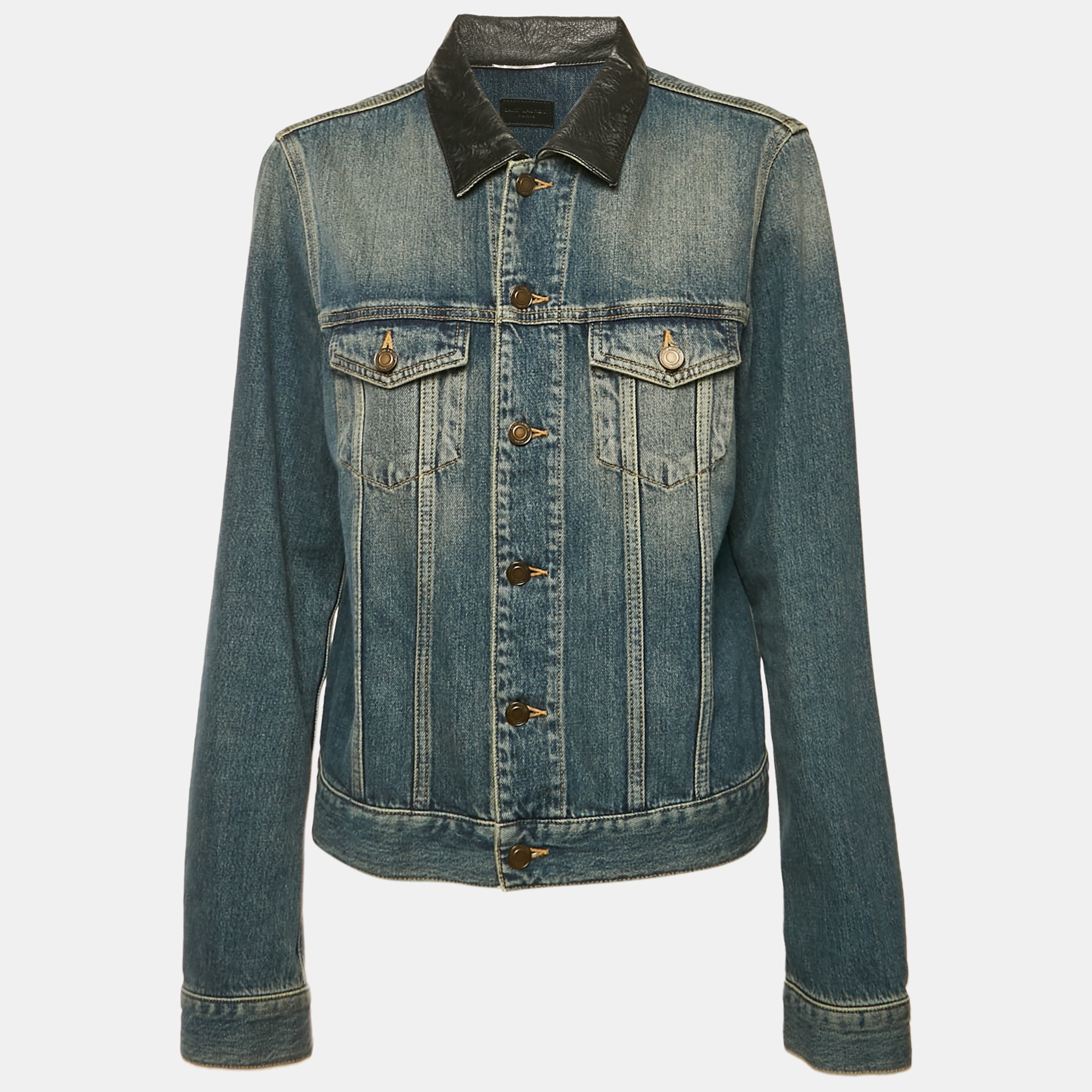 

Saint Laurent Blue Washed Denim Collar Leather Trimmed Jacket L