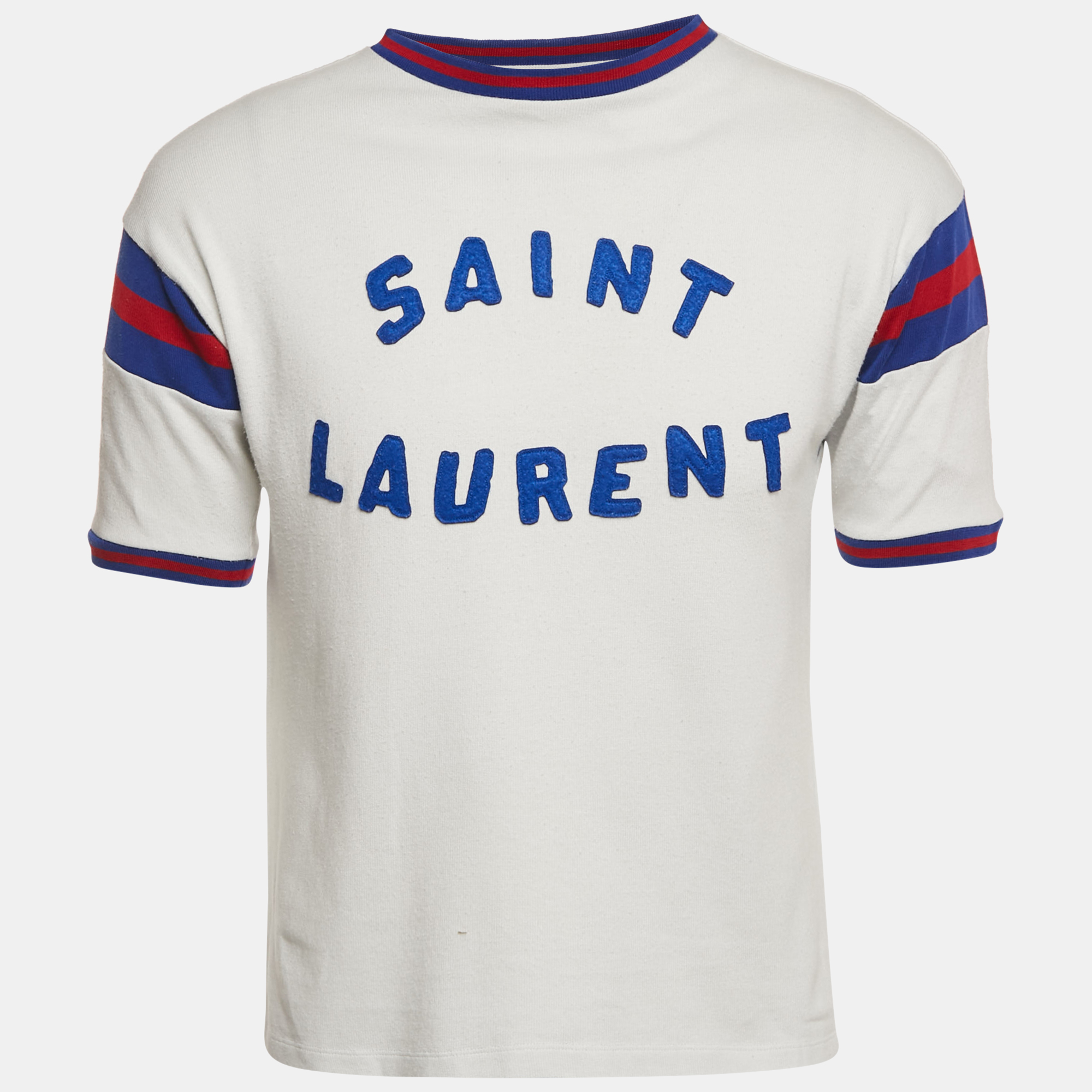 

Saint Laurent Paris White Logo Applique Jersey Crewneck T-Shirt M