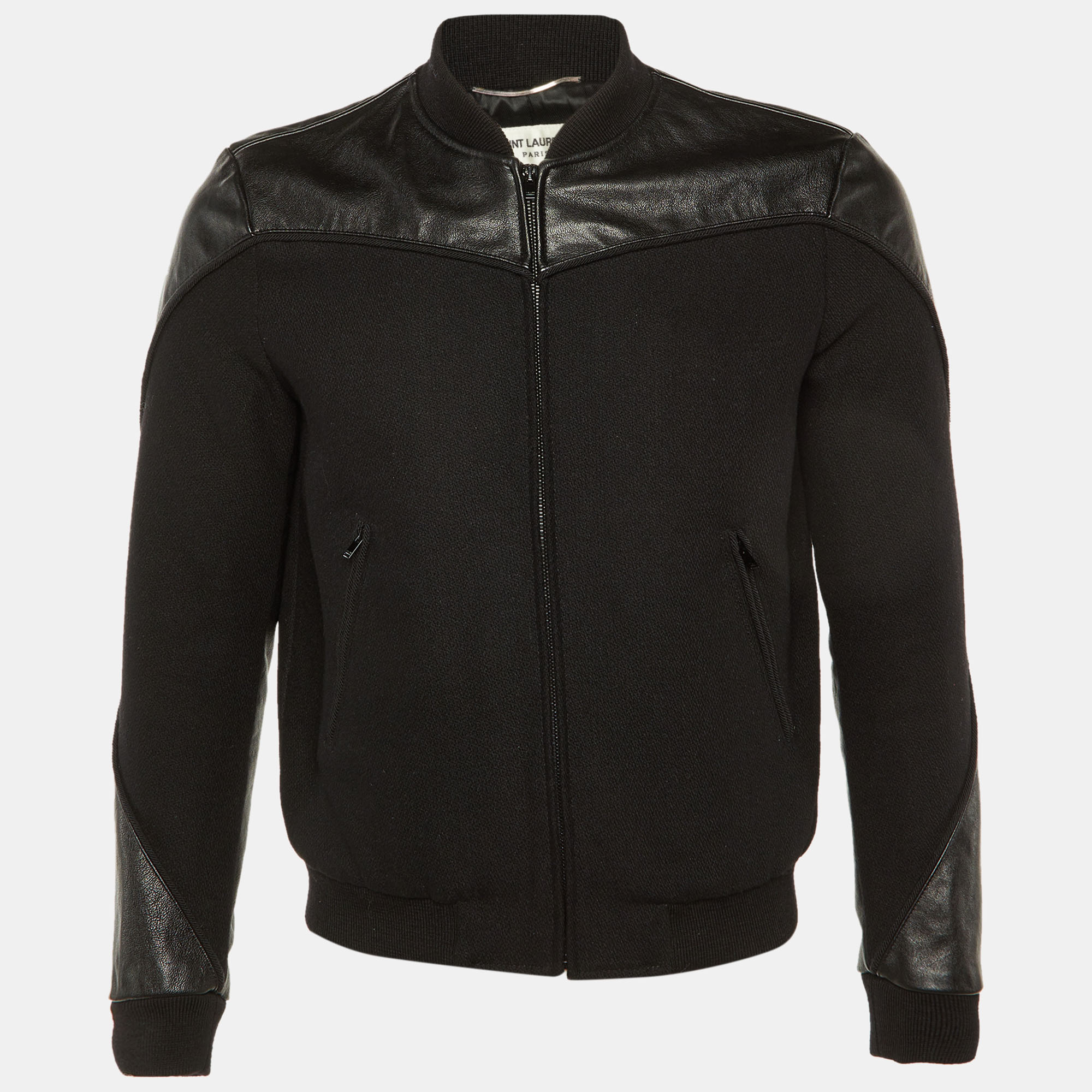 Pre-owned Saint Laurent Black Wool Leather Trim Bomber Jacket S
