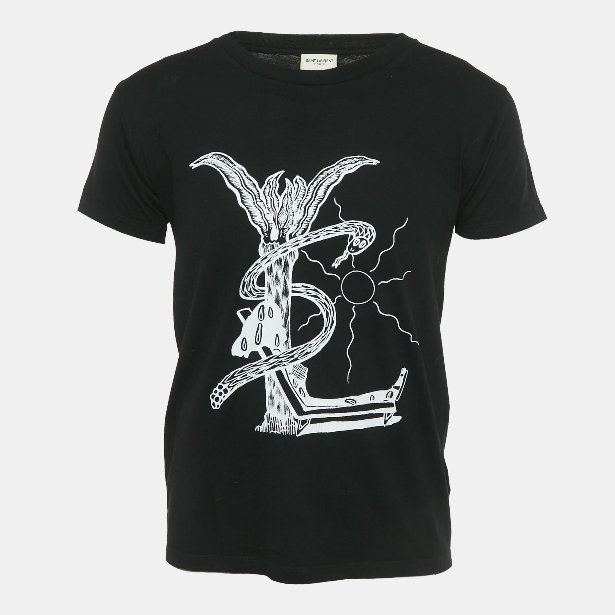 Pre-owned Saint Laurent Black Printed Jersey Crewneck T-shirt Xs