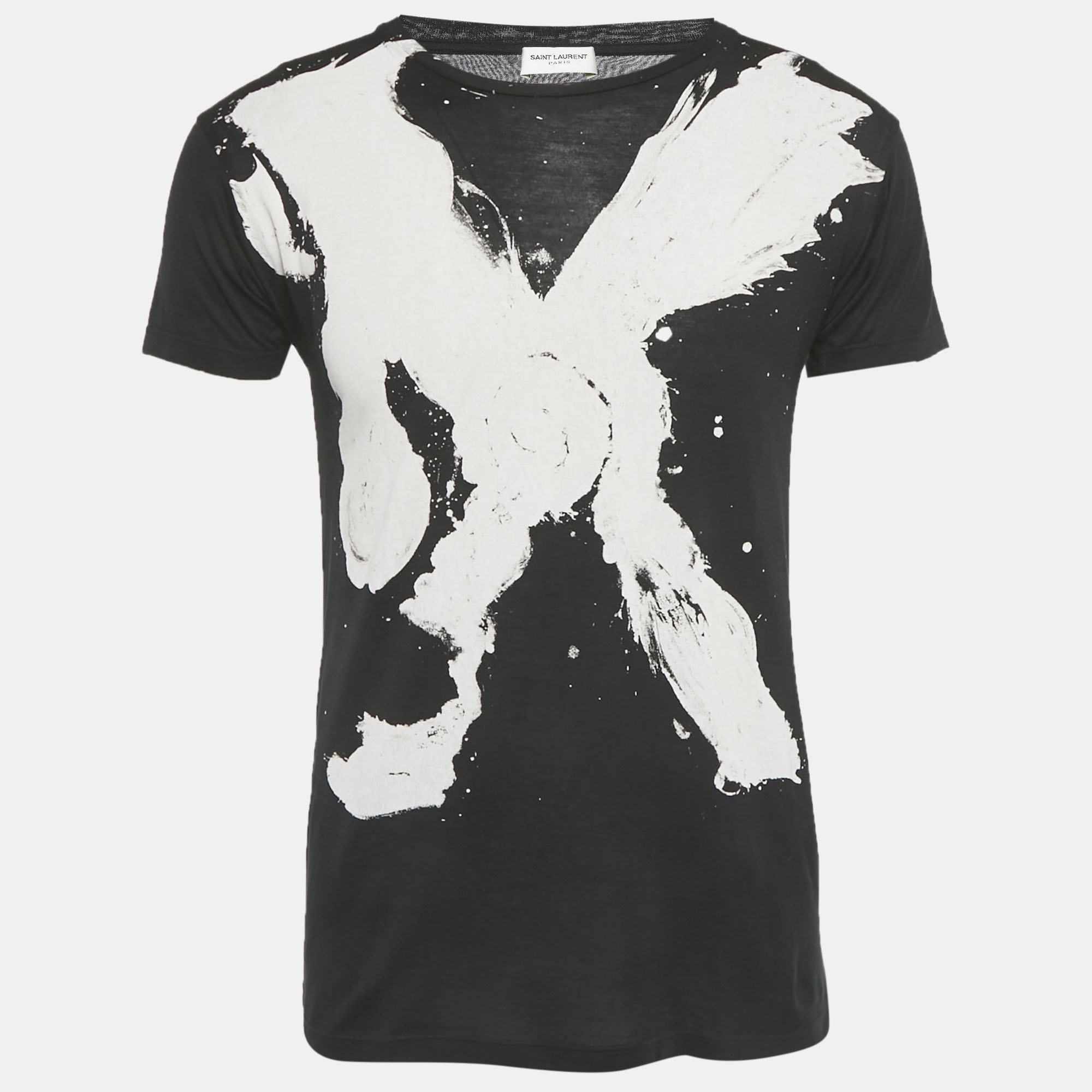 Pre-owned Saint Laurent Black Printed Cotton Crewneck T-shirt Xs