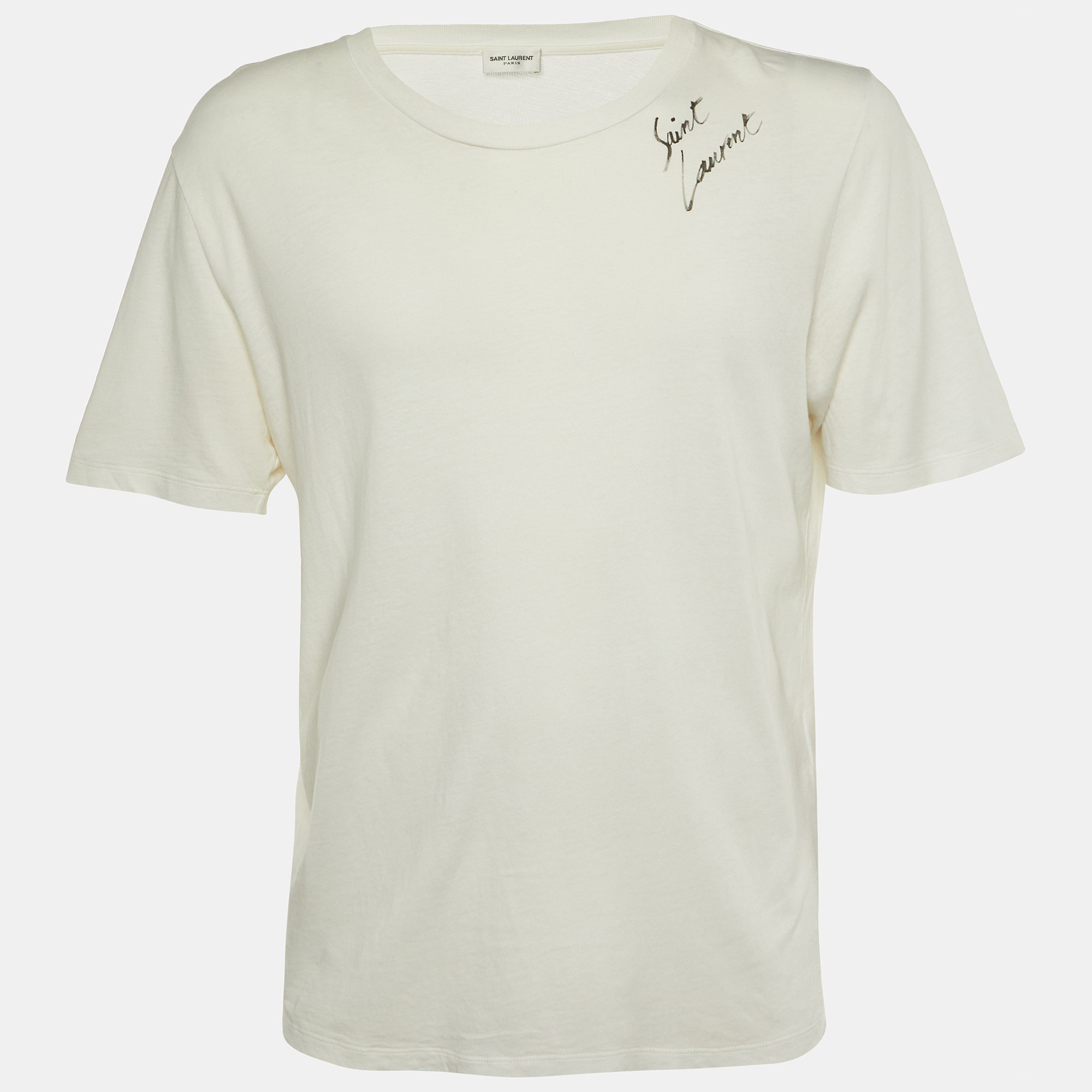Pre-owned Saint Laurent White Signature Script Cotton Crew Neck T-shirt M