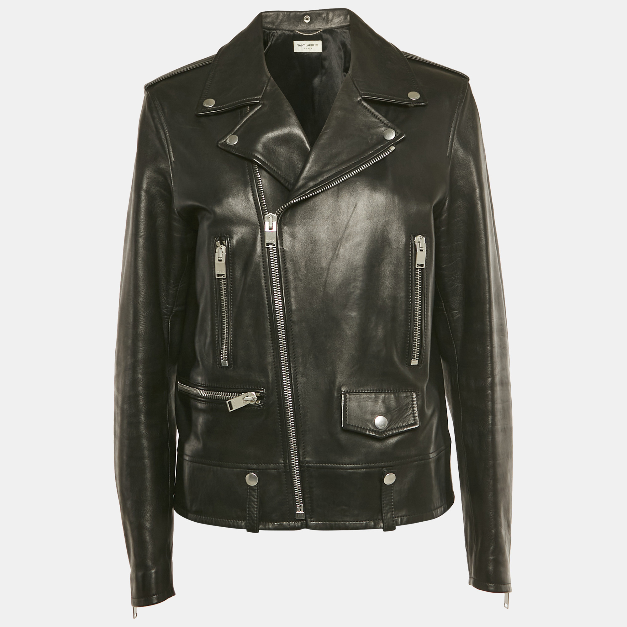 Pre-owned Saint Laurent Black Leather Zip-up Rider Jacket L
