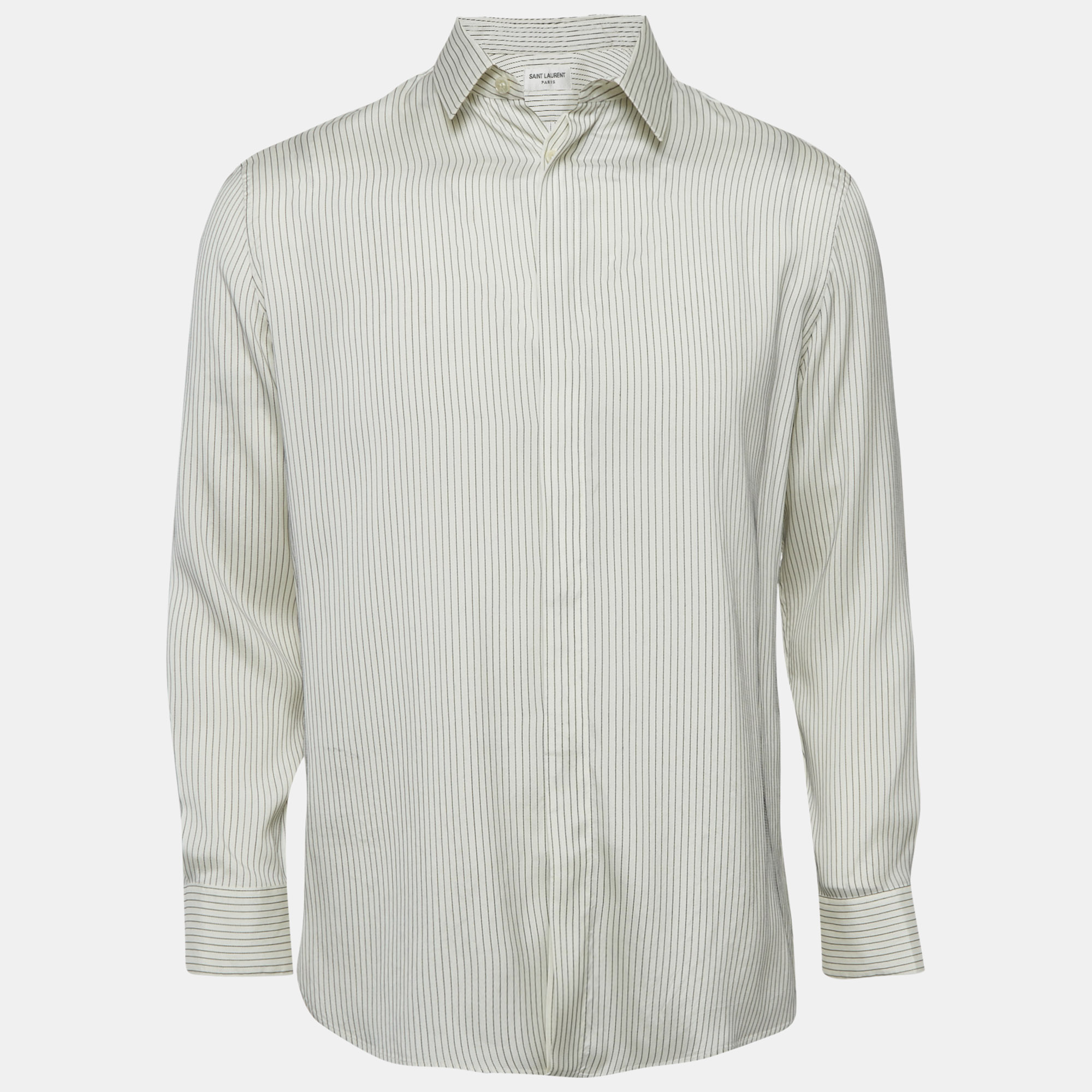 

Saint Laurent White Pinstripe Silk Eve Kara Classic Shirt M