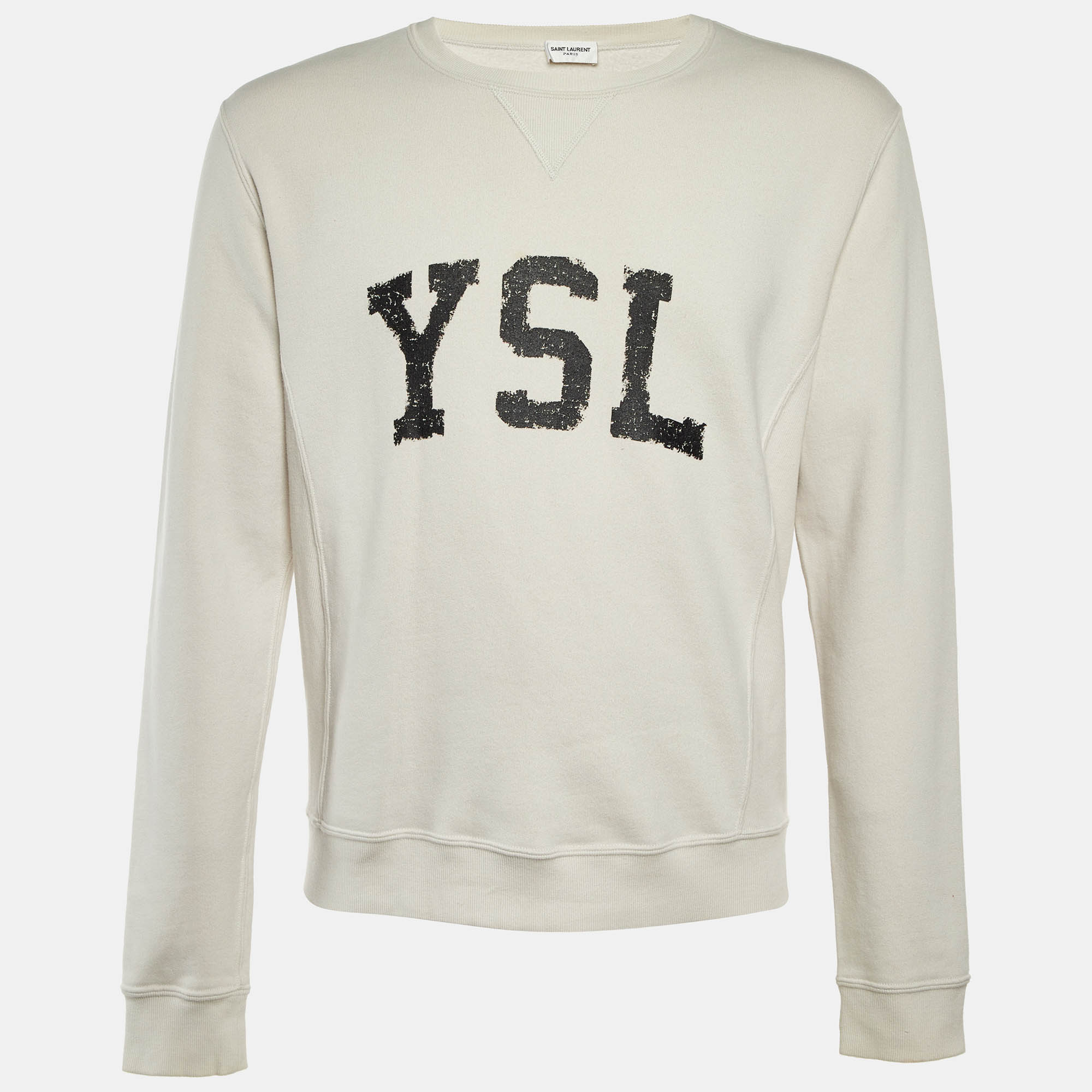 Pre-owned Saint Laurent Ecru Logo Print Cotton Sweatshirt M In White