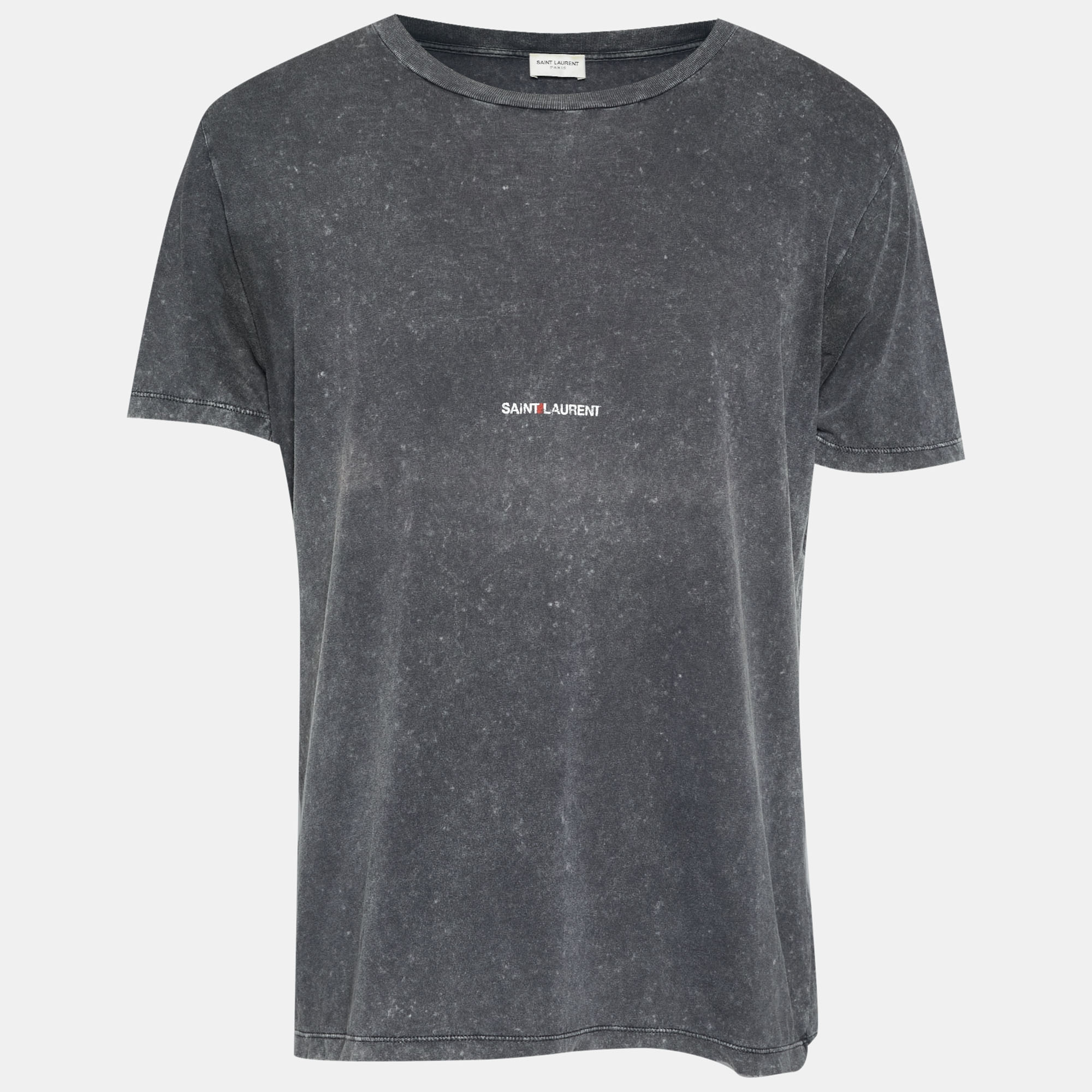 

Saint Laurent Paris Grey Jersy Logo Print Distressed T-Shirt M