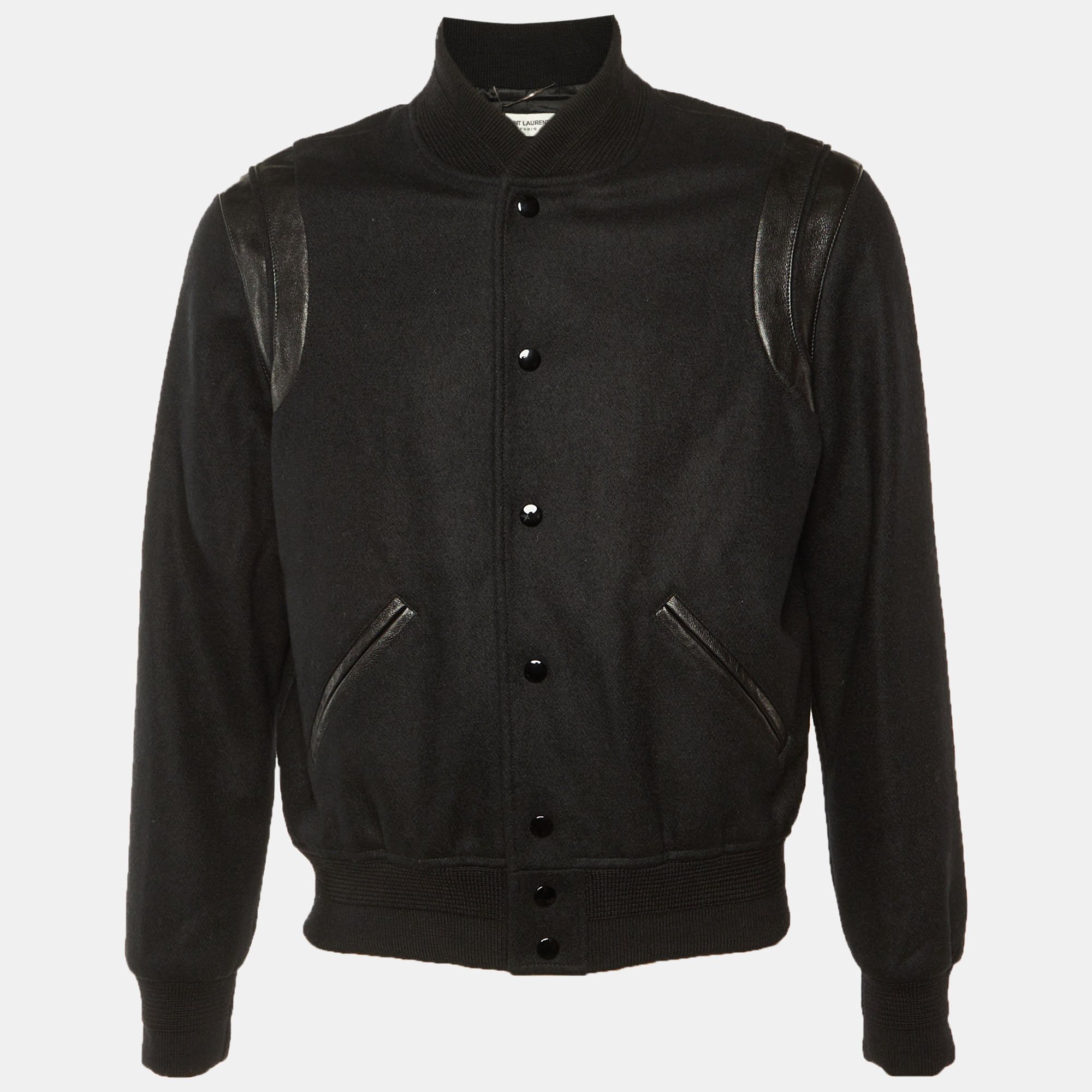 

Saint Laurent Paris Black Wool & Leather Trim Bomber Jacket M