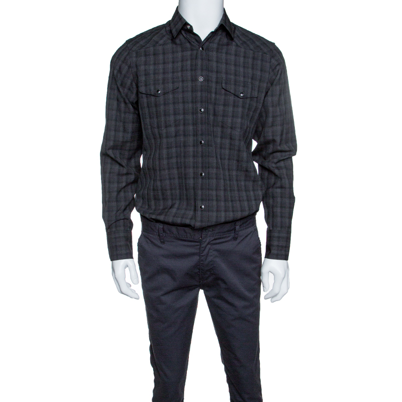 Pre Owned قميص سان لوران باريس أكمام طويلة صوف كاروهات رمادي M