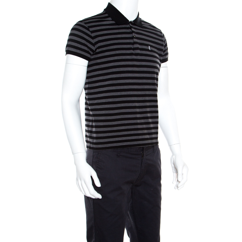 

Saint Laurent Paris Grey and Black Striped Cotton Logo Embroidered Polo T-Shirt