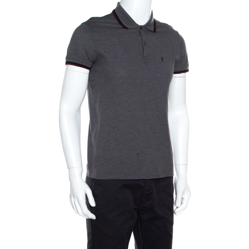 

Saint Laurent Paris Grey Cotton Logo Embroidered Polo T-Shirt