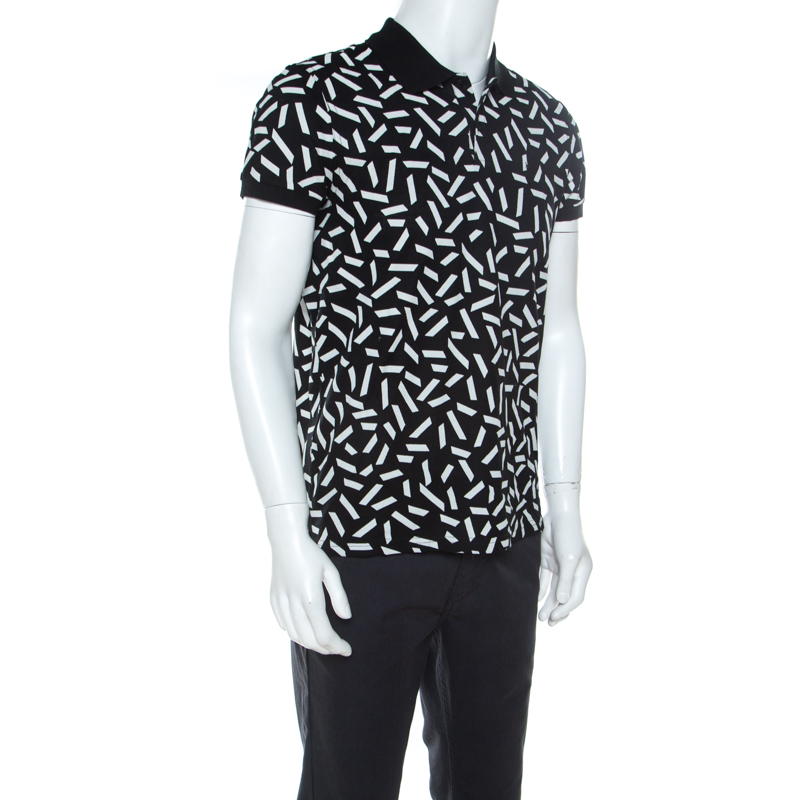 

Saint Laurent Black and White Confetti Printed Pique Cotton Polo T Shirt