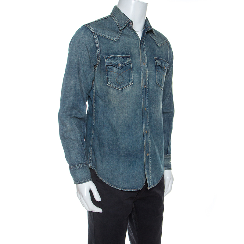 

Saint Laurent Paris Blue Medium Wash Denim Snap Button Western Shirt