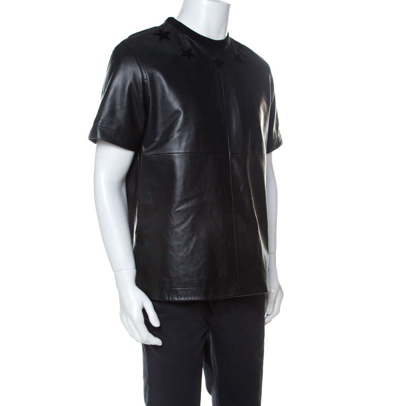 

Givenchy Black Star Embroidered Leather Crew Neck T-Shirt