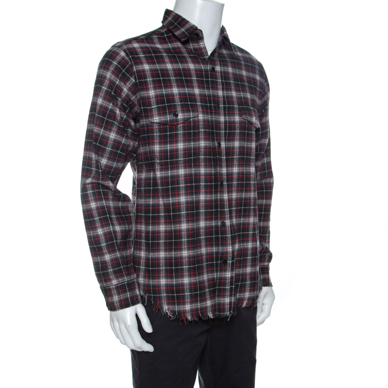 

Saint Laurent Paris Multicolor Checked Cotton Frayed Hem Detail Shirt