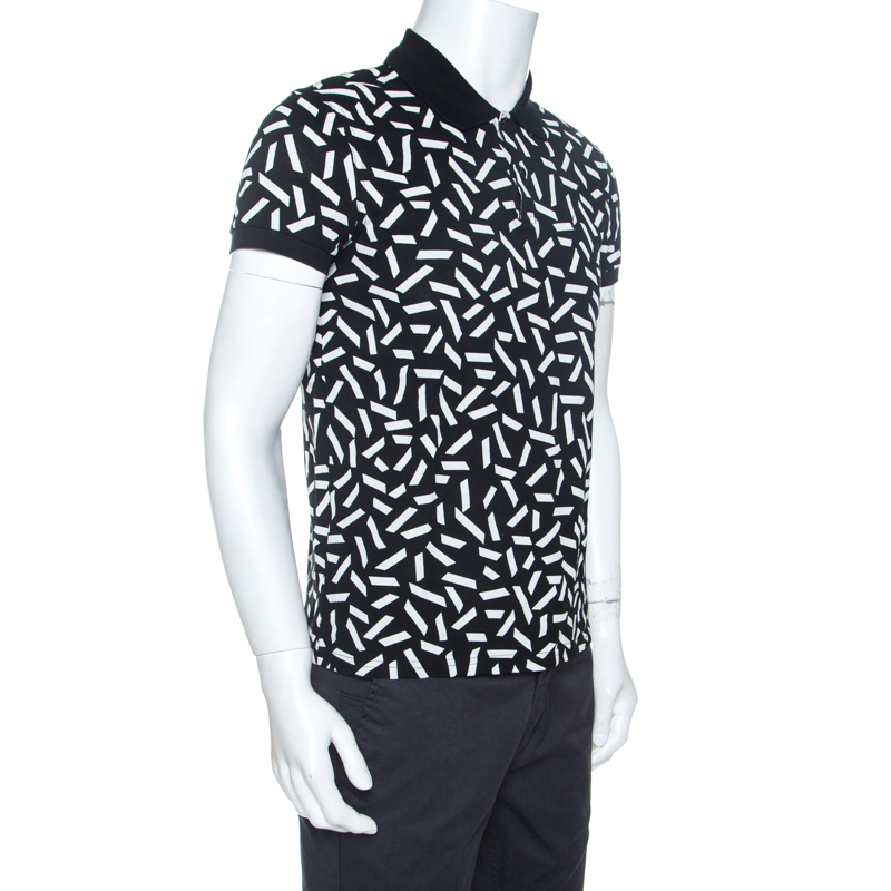 

Saint Laurent Black and White Confetti Printed Pique Cotton Polo T Shirt