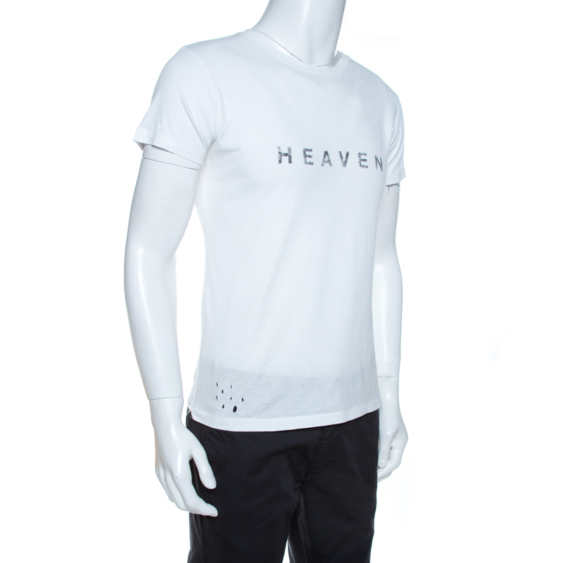 

Saint Laurent Paris White Heaven Print Cotton Distressed T-Shirt