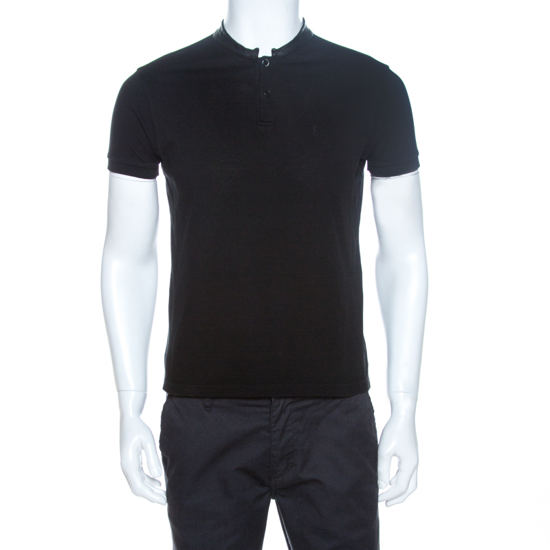 Saint Laurent Paris Black Cotton Pique Leather Collar Detail Polo T-Shirt M